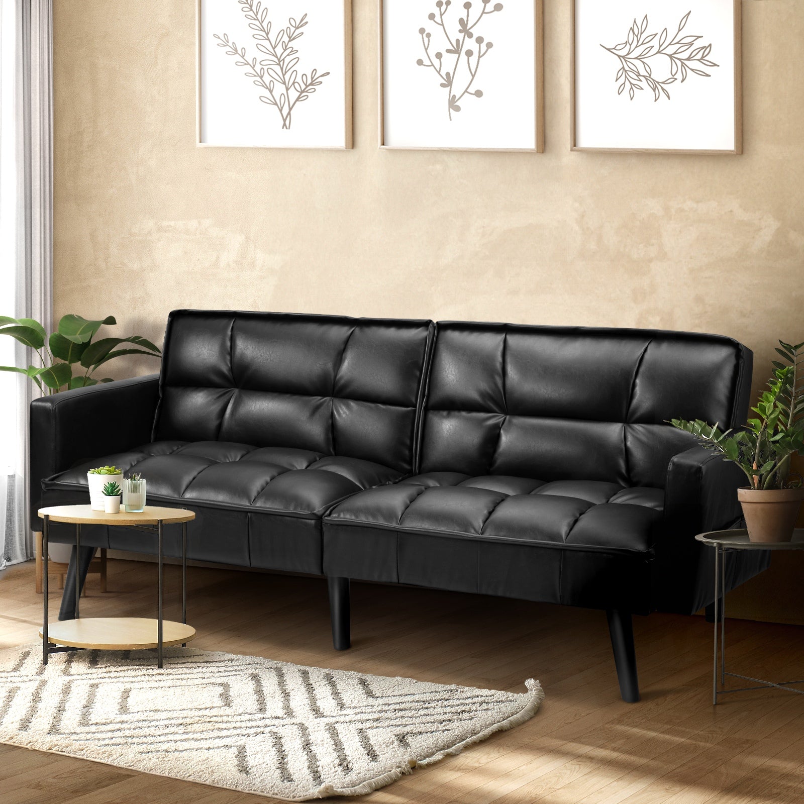 Oikiture Sofa Bed Futon Convertible Leather Lounge Couch 3-Seater Recliner Black - Sunyee