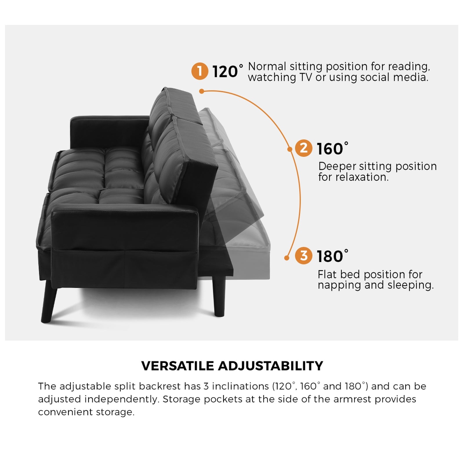 Oikiture Sofa Bed Futon Convertible Leather Lounge Couch 3-Seater Recliner Black - Sunyee