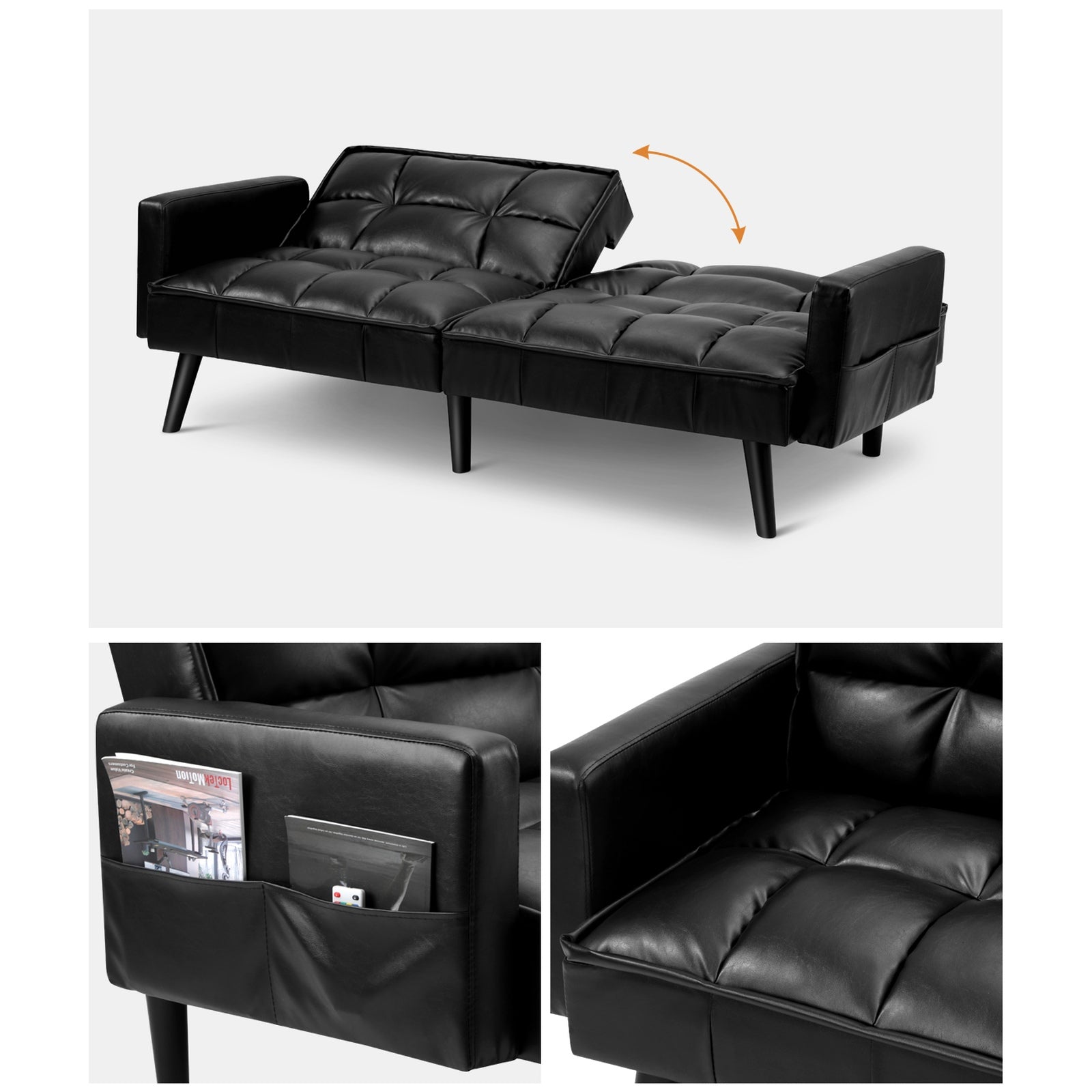 Oikiture Sofa Bed Futon Convertible Leather Lounge Couch 3-Seater Recliner Black - Sunyee