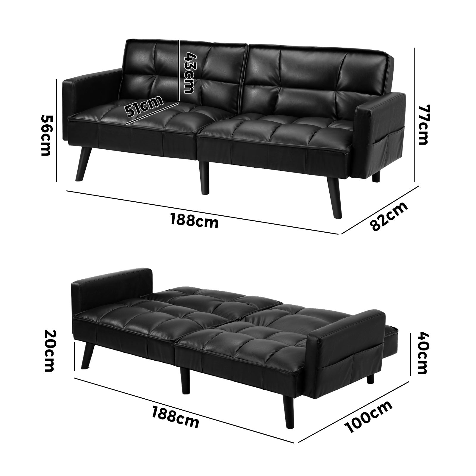 Oikiture Sofa Bed Futon Convertible Leather Lounge Couch 3-Seater Recliner Black - Sunyee
