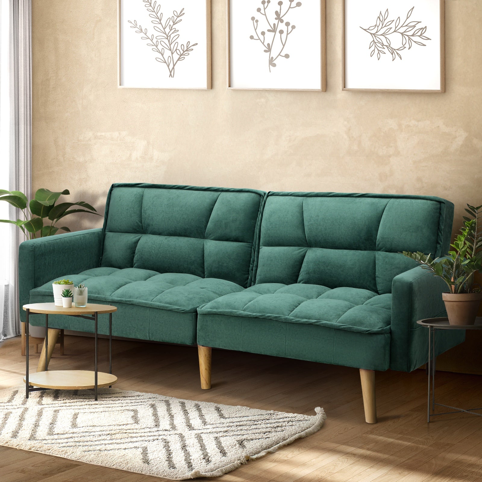 Oikiture Sofa Bed Futon Convertible Velvet Lounge Couch 3-Seater Recliner Green - Sunyee