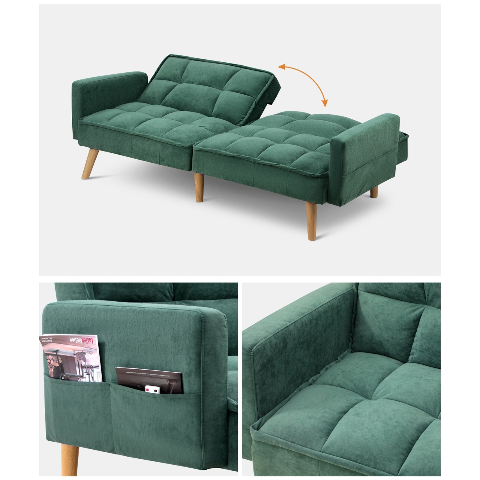 Oikiture Sofa Bed Futon Convertible Velvet Lounge Couch 3-Seater Recliner Green - Sunyee
