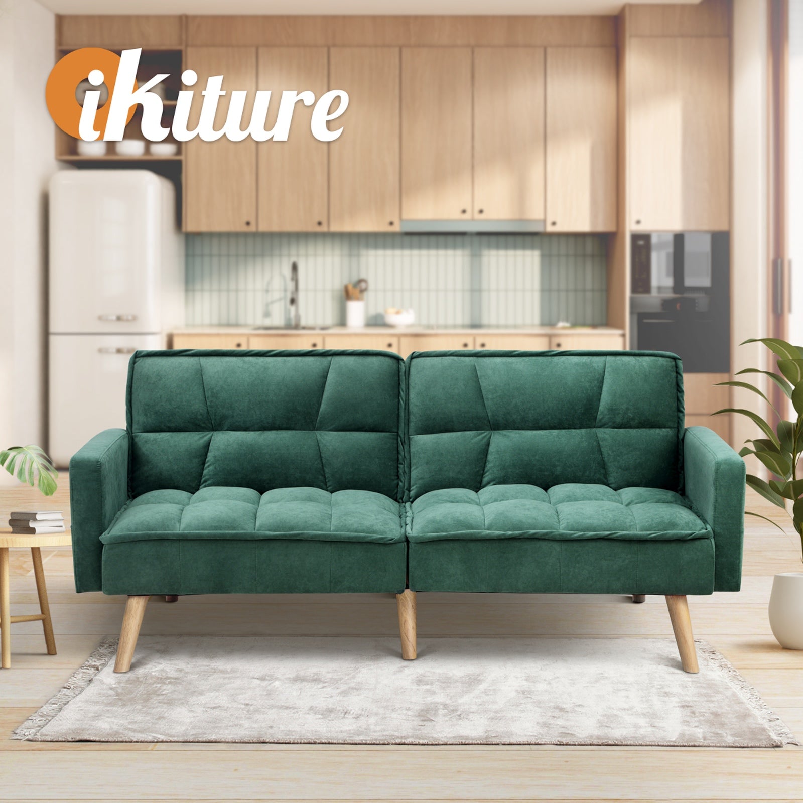 Oikiture Sofa Bed Futon Convertible Velvet Lounge Couch 3-Seater Recliner Green - Sunyee