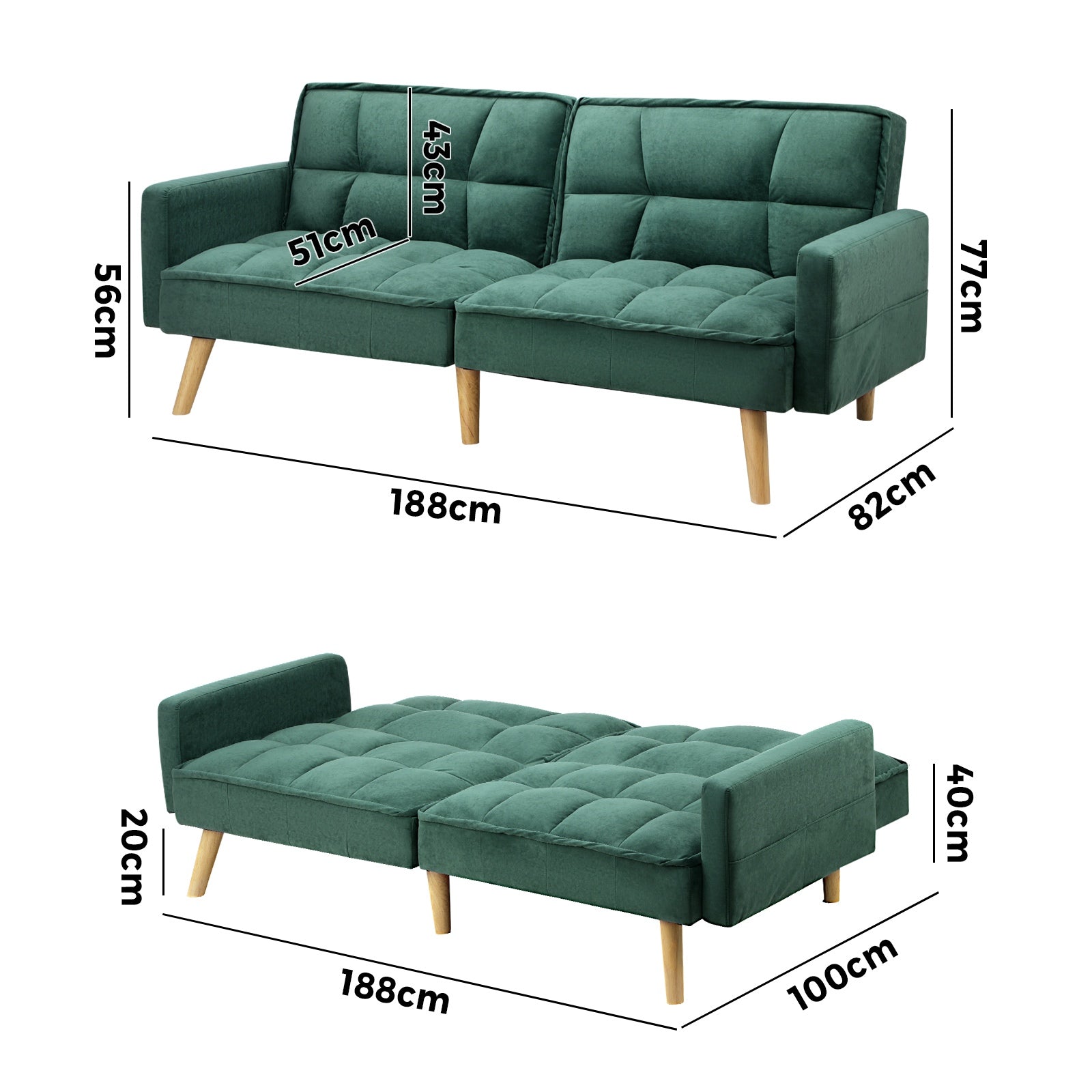 Oikiture Sofa Bed Futon Convertible Velvet Lounge Couch 3-Seater Recliner Green - Sunyee