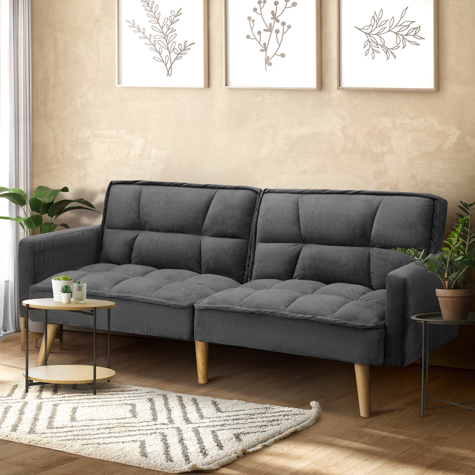 Oikiture Sofa Bed Futon Convertible Velvet Lounge Couch 3-Seater Recliner Grey - Sunyee