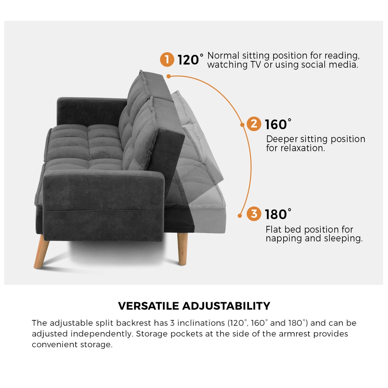 Oikiture Sofa Bed Futon Convertible Velvet Lounge Couch 3-Seater Recliner Grey - Sunyee