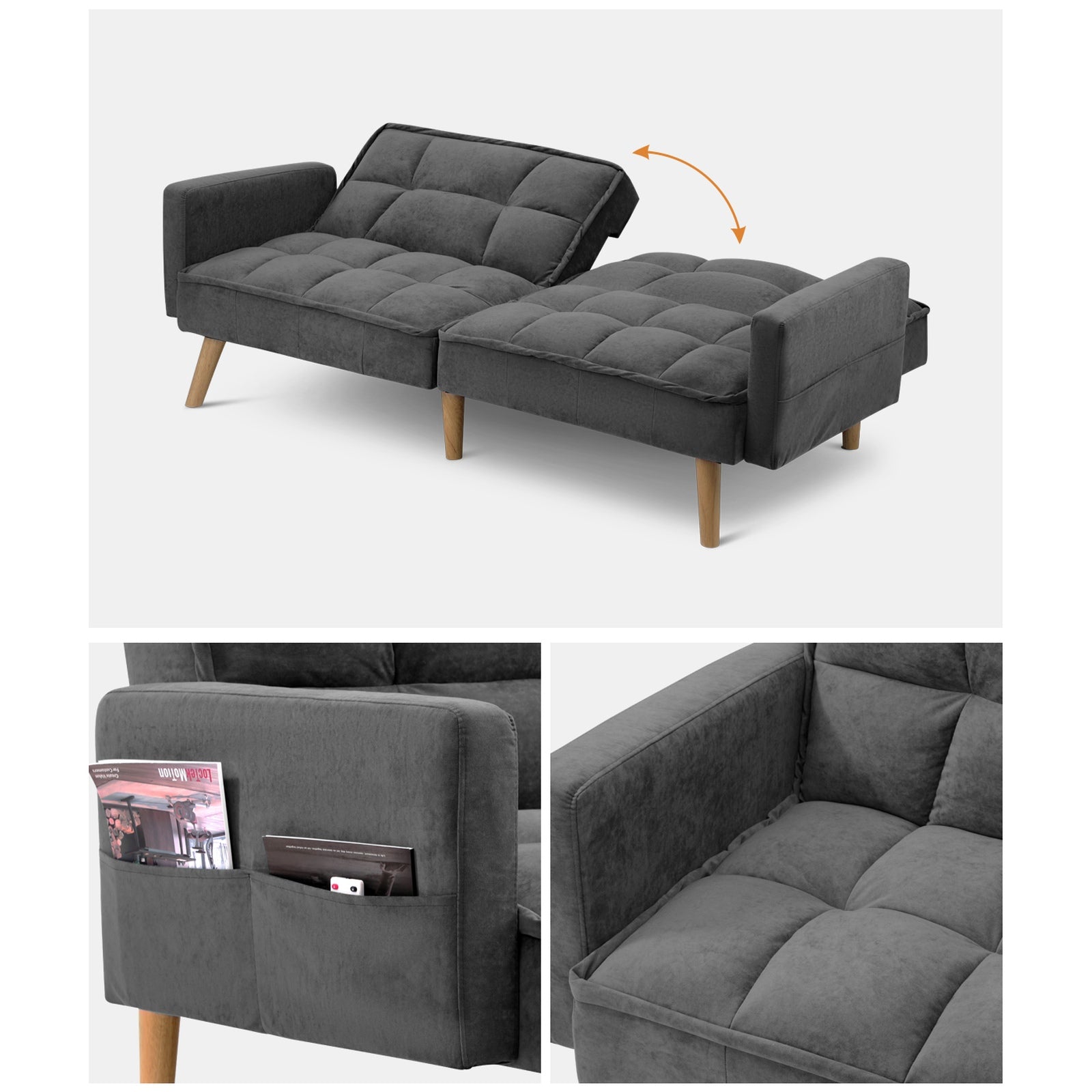 Oikiture Sofa Bed Futon Convertible Velvet Lounge Couch 3-Seater Recliner Grey - Sunyee