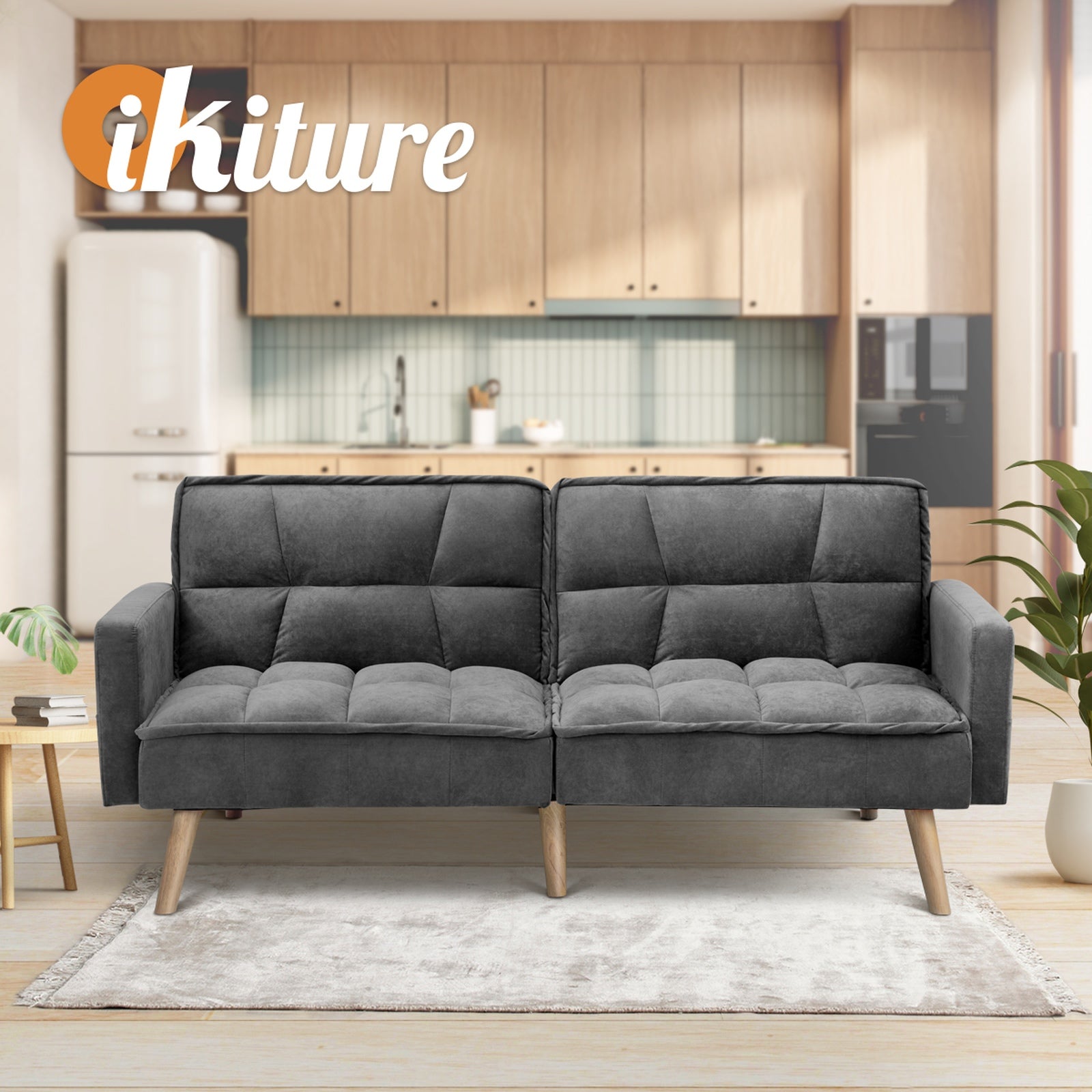 Oikiture Sofa Bed Futon Convertible Velvet Lounge Couch 3-Seater Recliner Grey - Sunyee