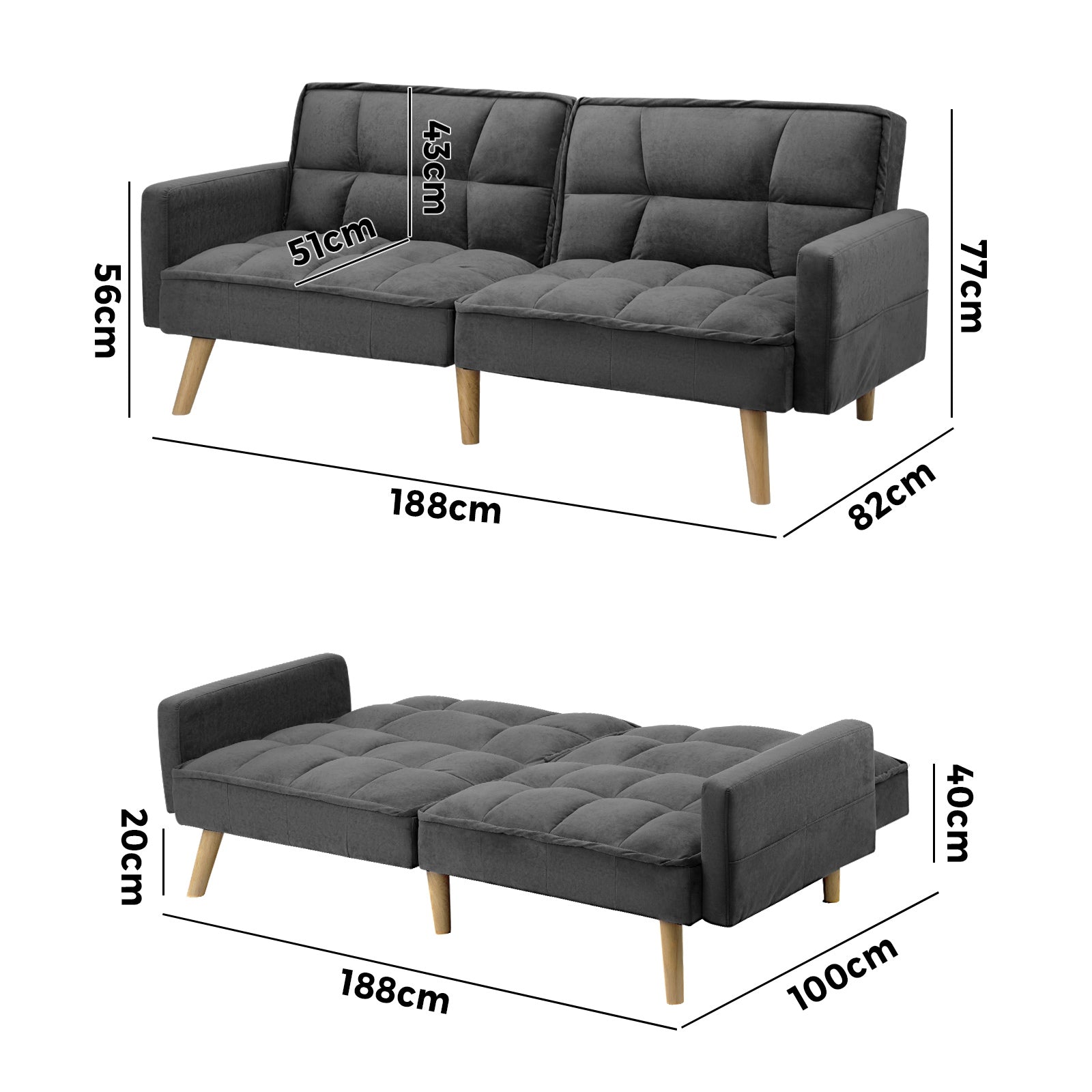 Oikiture Sofa Bed Futon Convertible Velvet Lounge Couch 3-Seater Recliner Grey - Sunyee