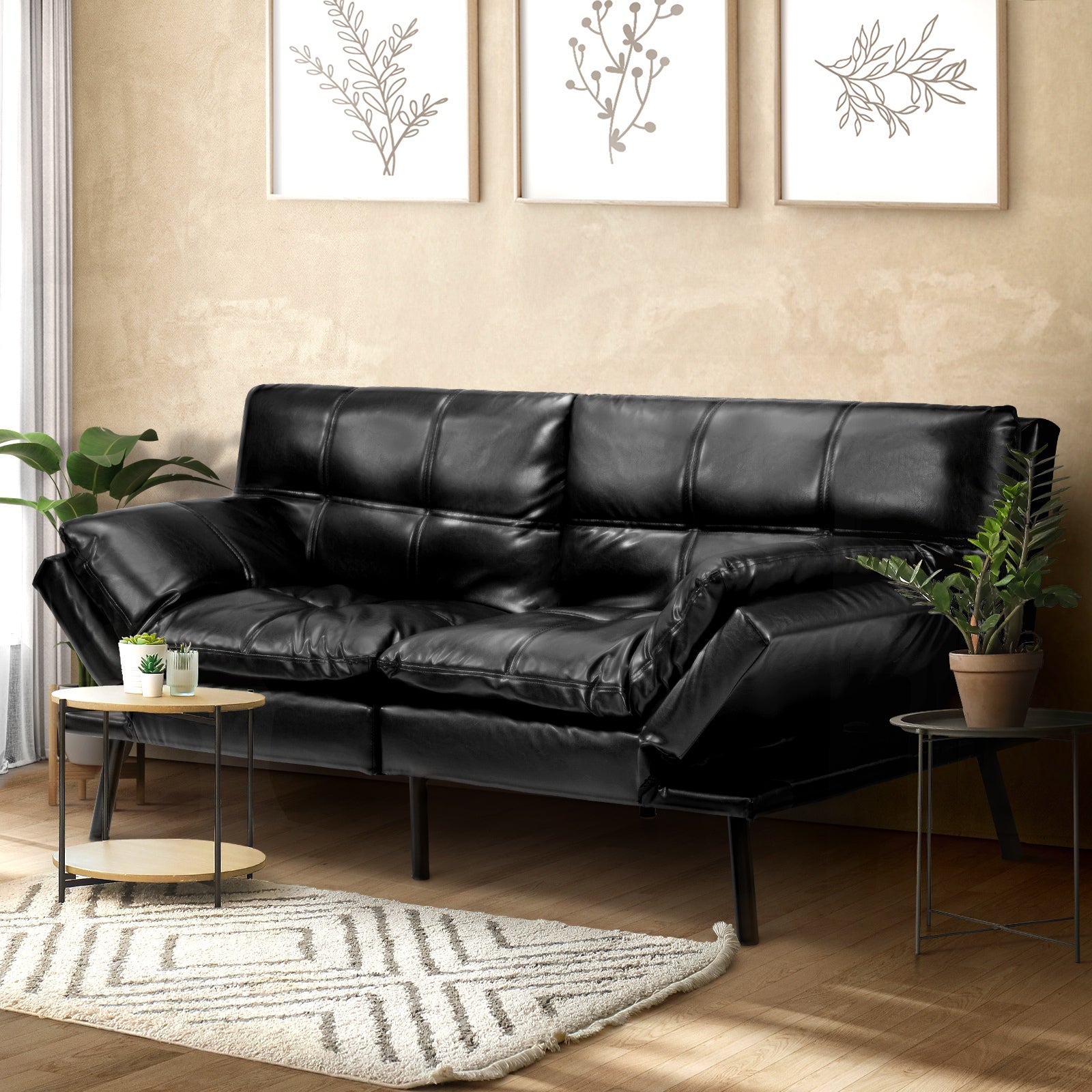 Oikiture Sofa Bed Futon Recliner Lounge Couch Convertible Leather 3-Seater Black - Sunyee