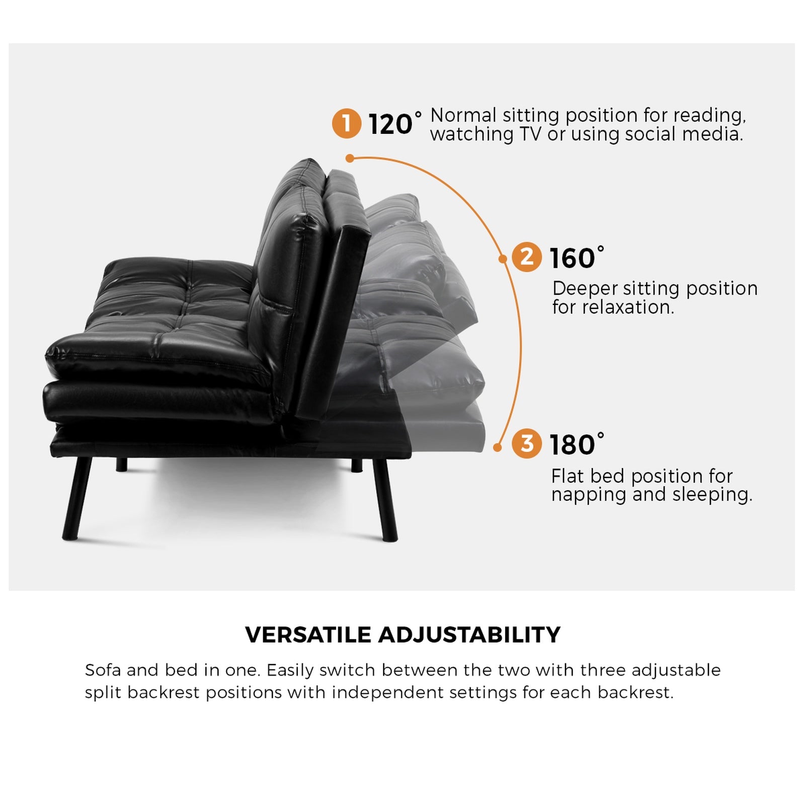 Oikiture Sofa Bed Futon Recliner Lounge Couch Convertible Leather 3-Seater Black - Sunyee
