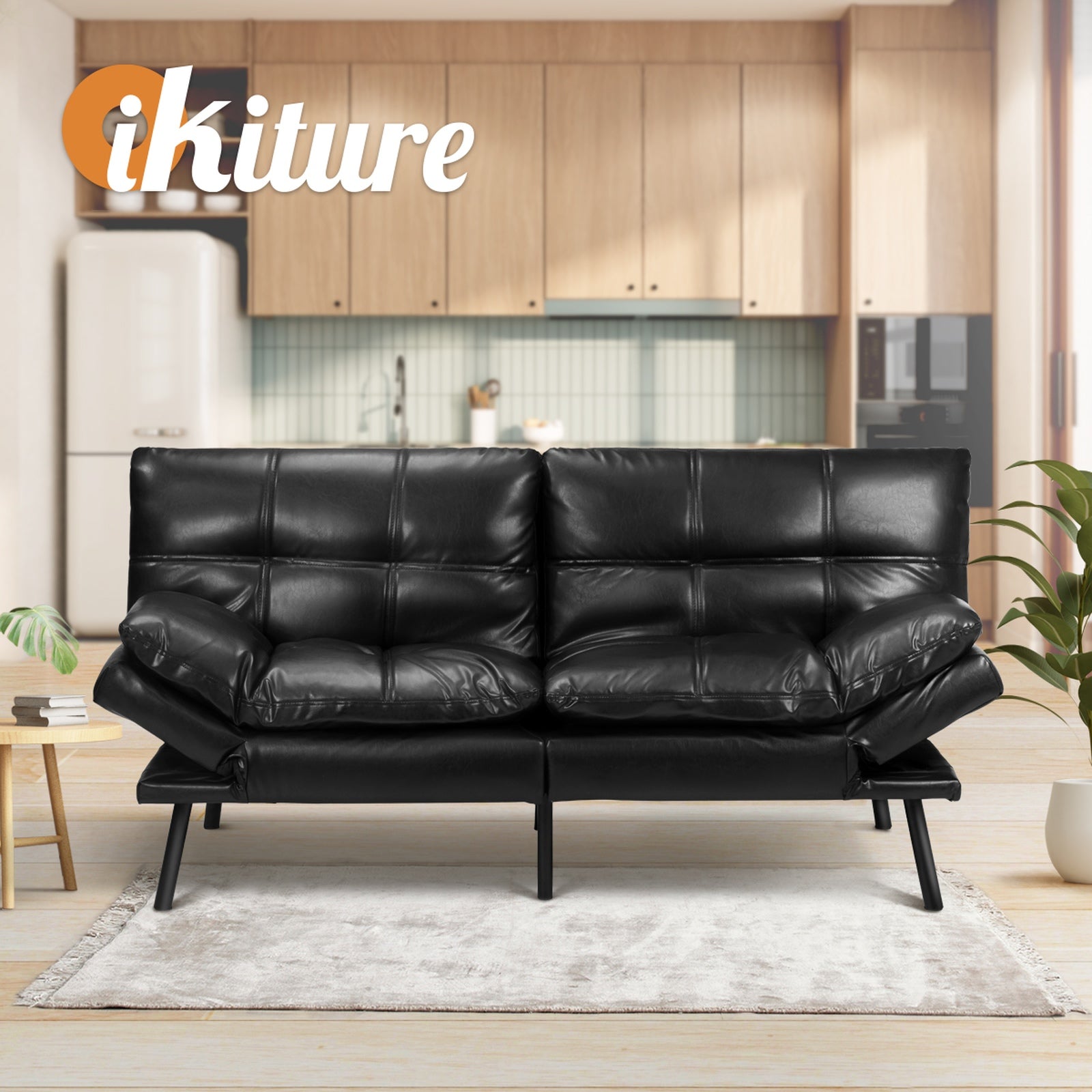 Oikiture Sofa Bed Futon Recliner Lounge Couch Convertible Leather 3-Seater Black - Sunyee