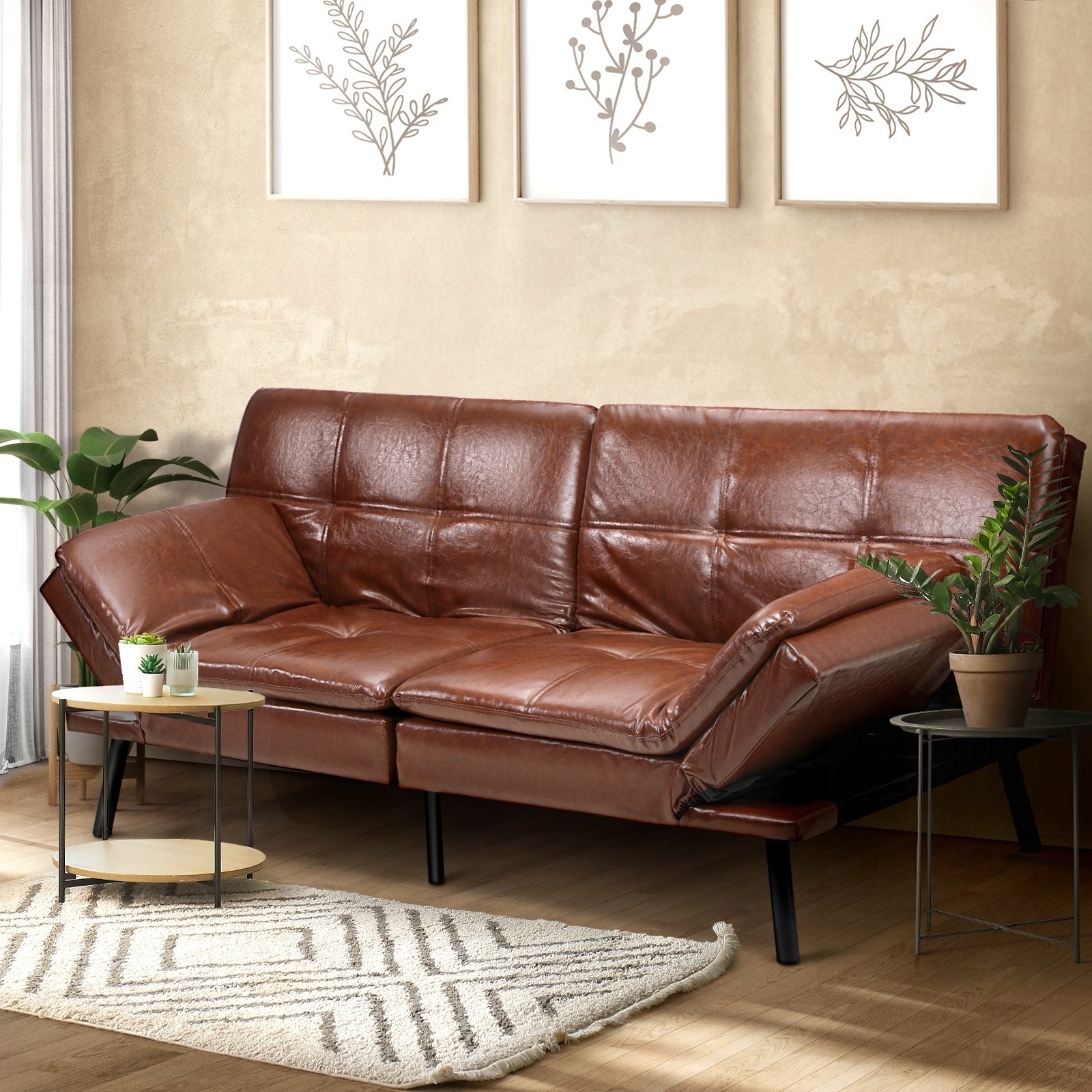 Oikiture Sofa Bed Futon Recliner Lounge Couch Convertible Leather 3-Seater Brown - Sunyee