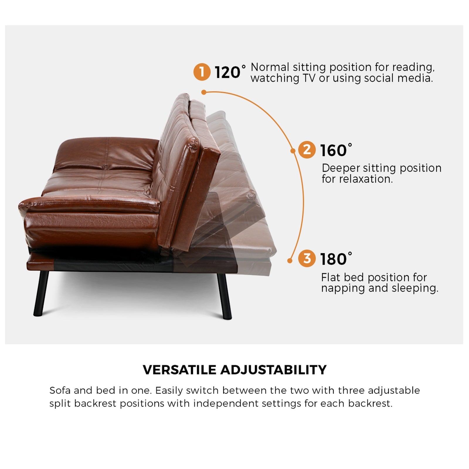 Oikiture Sofa Bed Futon Recliner Lounge Couch Convertible Leather 3-Seater Brown - Sunyee
