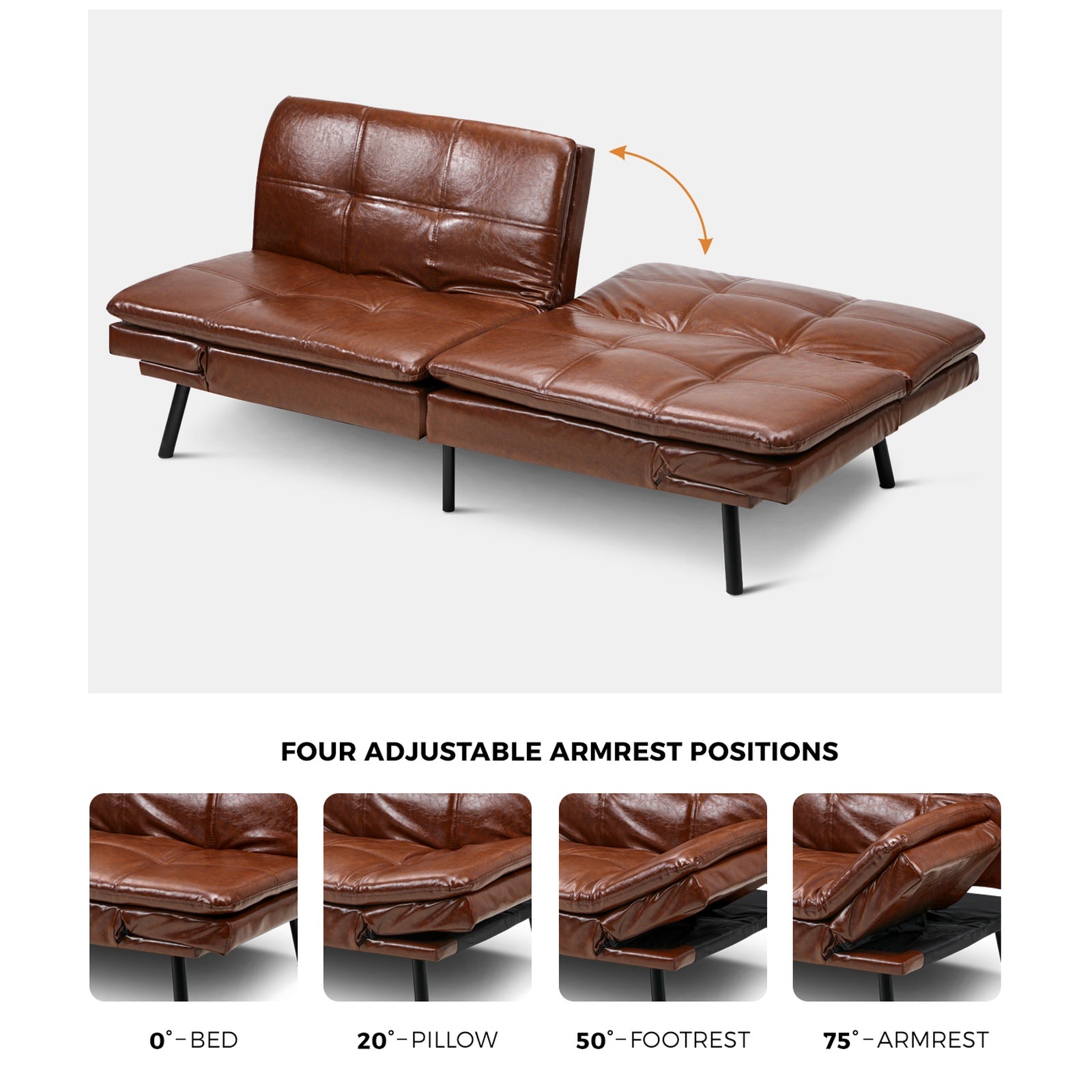 Oikiture Sofa Bed Futon Recliner Lounge Couch Convertible Leather 3-Seater Brown - Sunyee