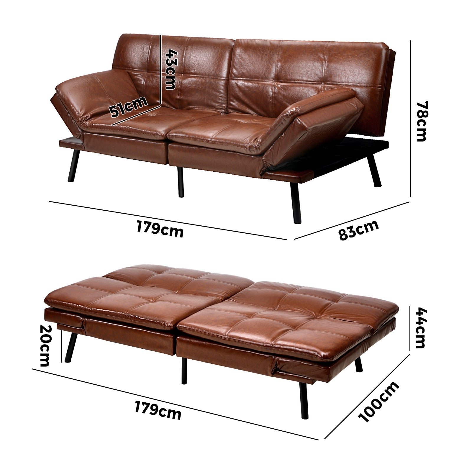 Oikiture Sofa Bed Futon Recliner Lounge Couch Convertible Leather 3-Seater Brown - Sunyee