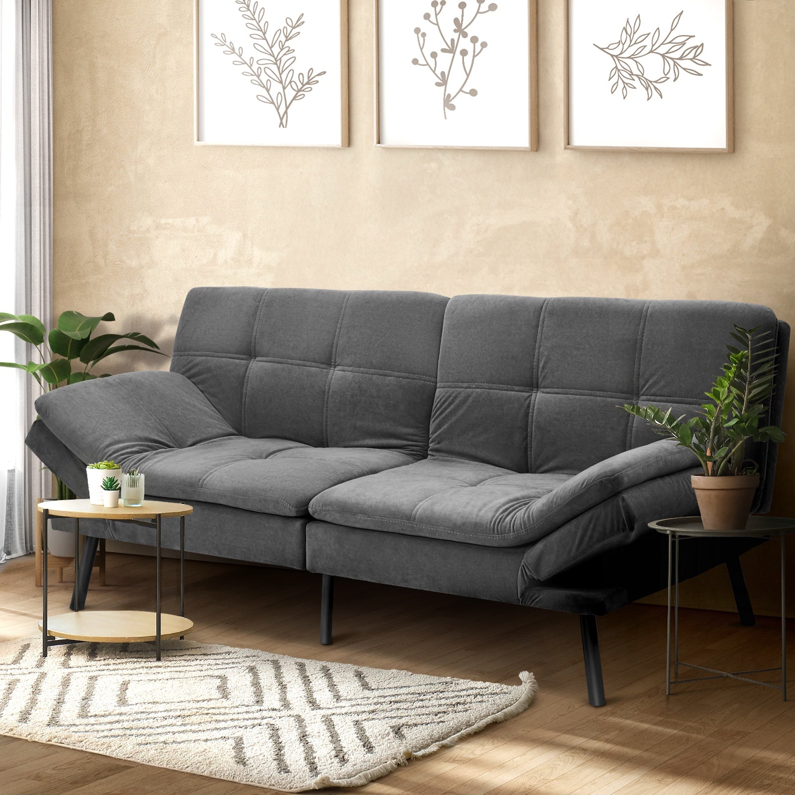 Oikiture Sofa Bed Futon Recliner Lounge Couch Convertible Polyester 3Seater Grey - Sunyee