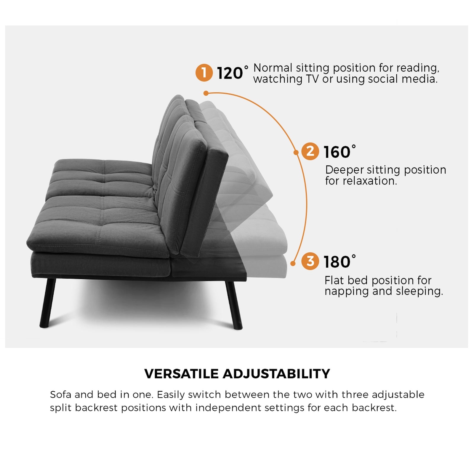 Oikiture Sofa Bed Futon Recliner Lounge Couch Convertible Polyester 3Seater Grey - Sunyee