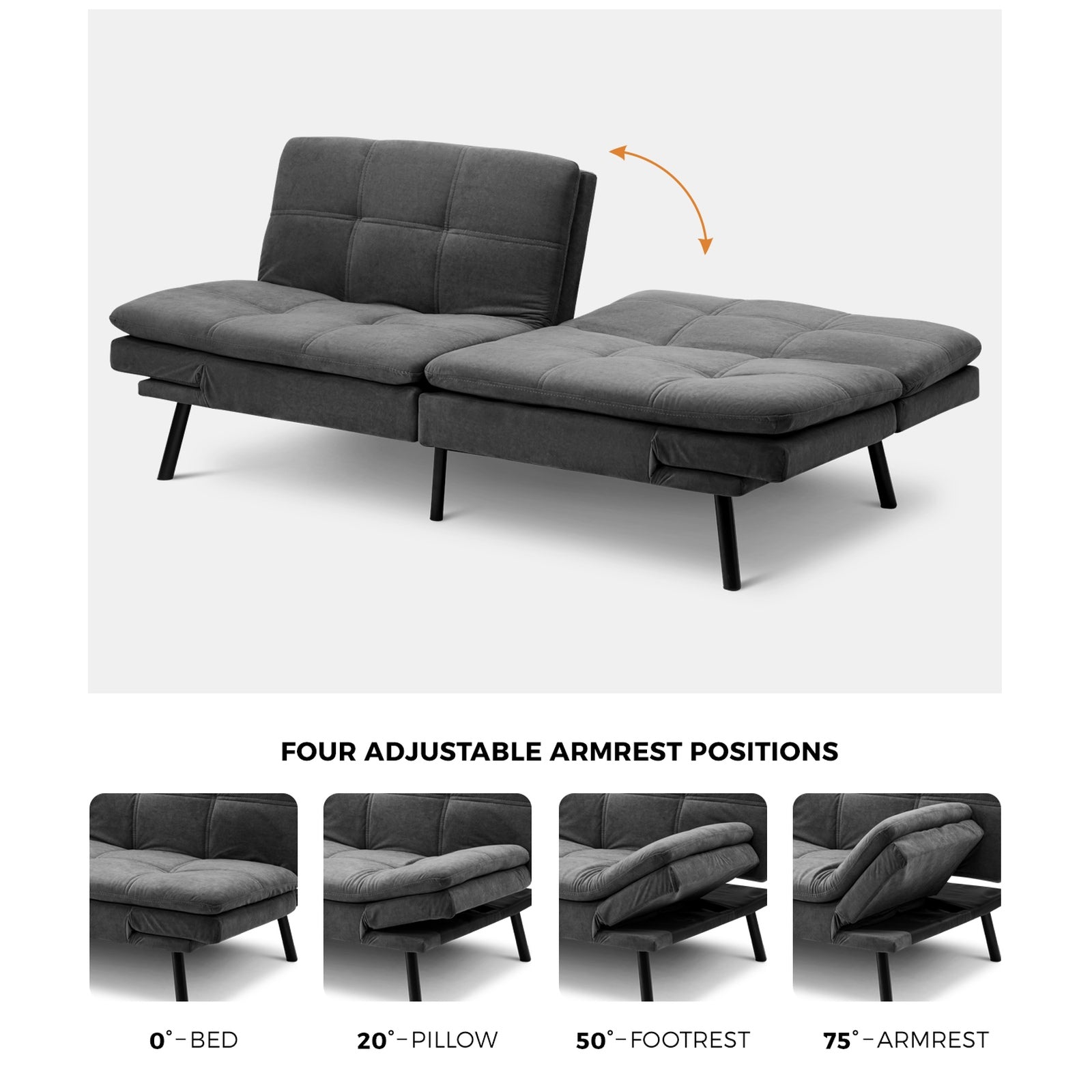 Oikiture Sofa Bed Futon Recliner Lounge Couch Convertible Polyester 3Seater Grey - Sunyee