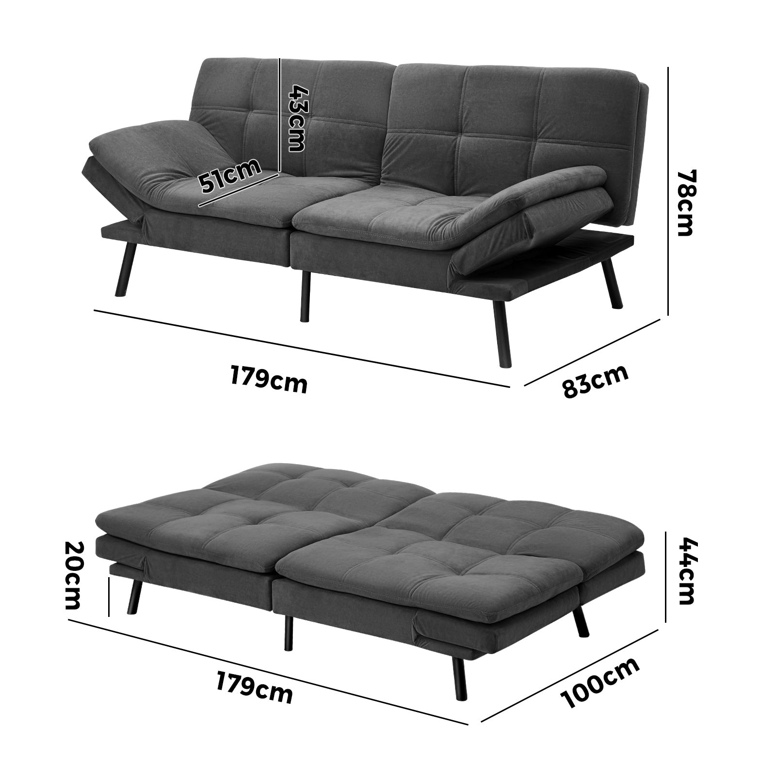 Oikiture Sofa Bed Futon Recliner Lounge Couch Convertible Polyester 3Seater Grey - Sunyee