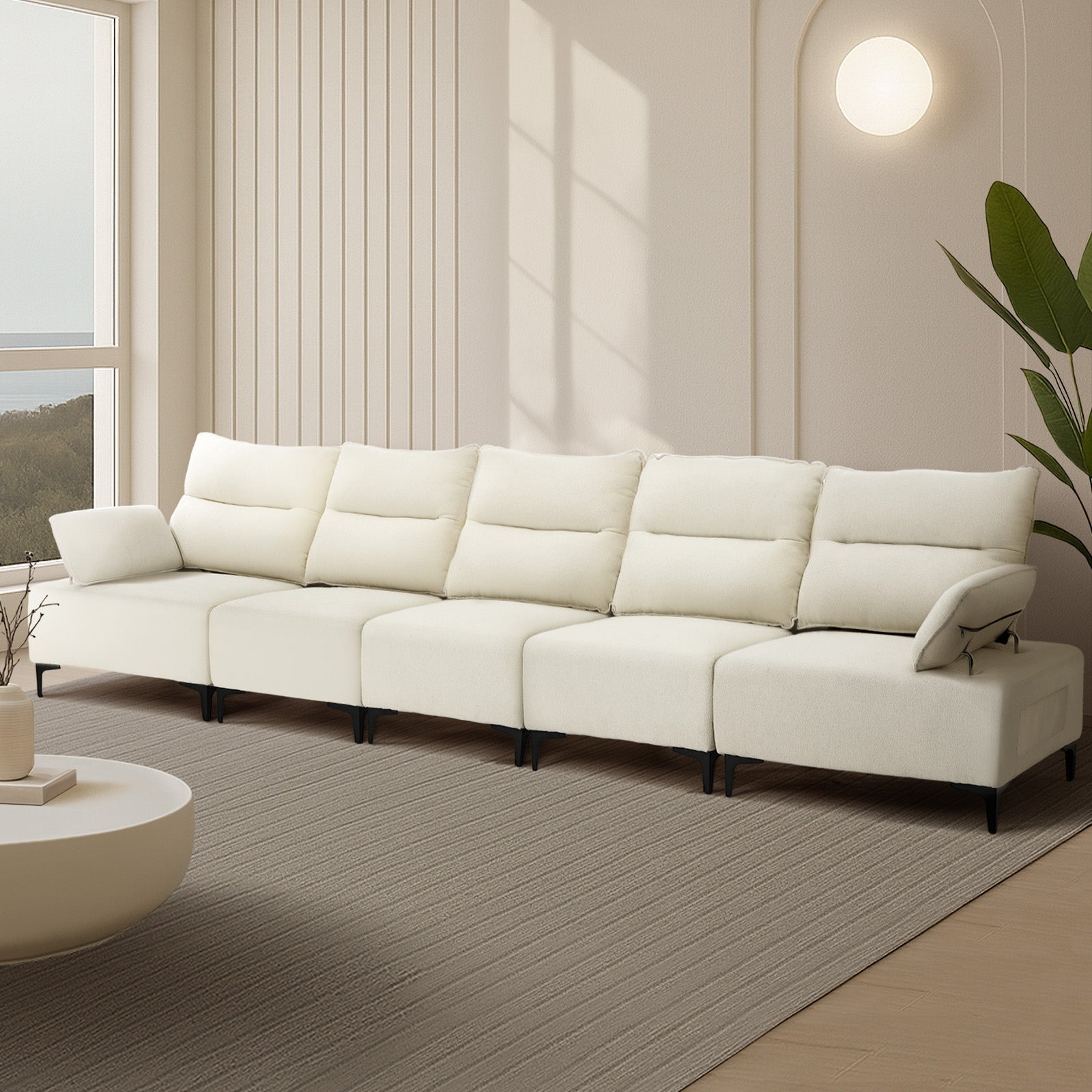 Oikiture 5 Seater Couch Sofa Chenille Adjustable Armrest Side Pockets Chair - Sunyee