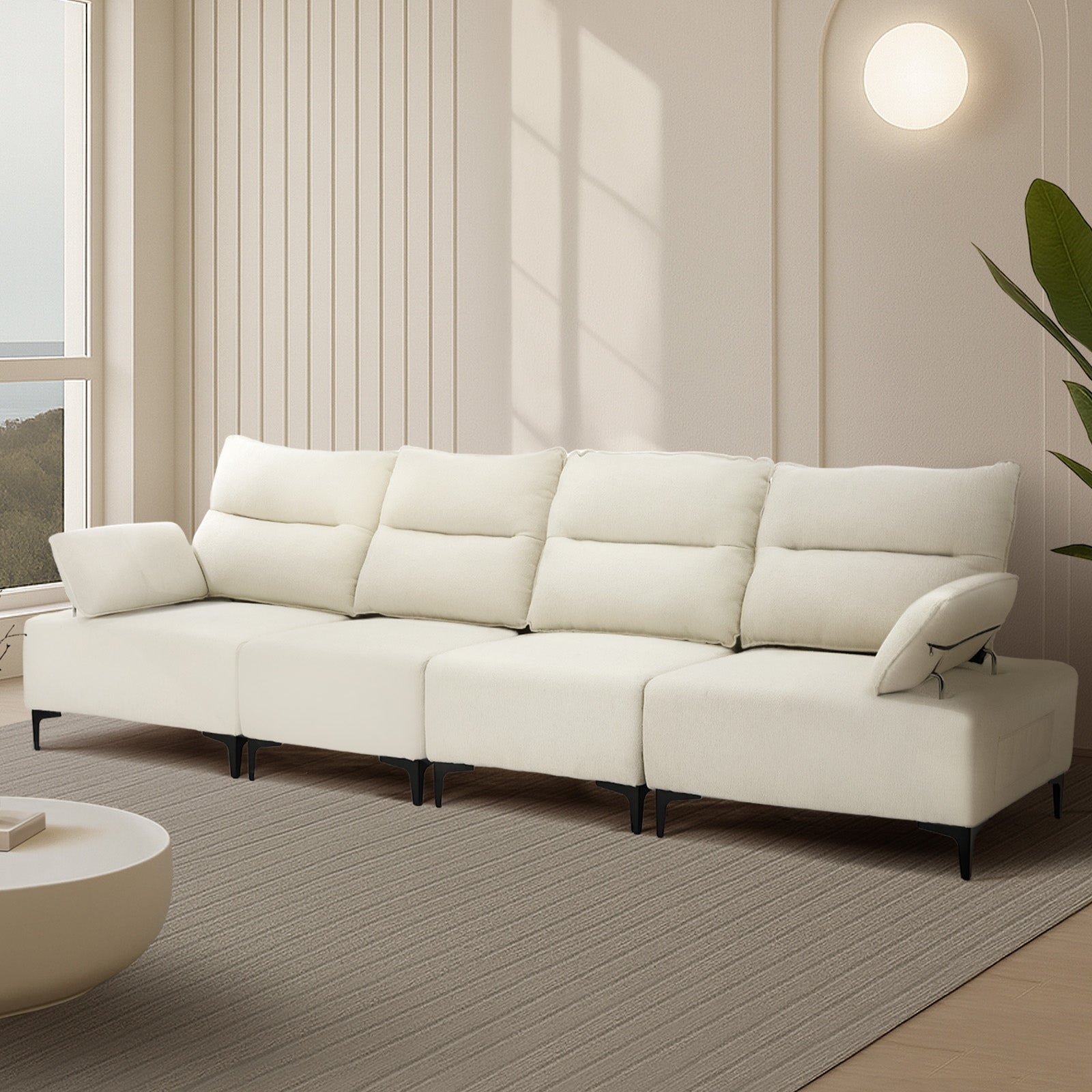 Oikiture 4 Seater Sofa Couch Chenille Adjustable Armrest Chair Lounge Beige - Sunyee