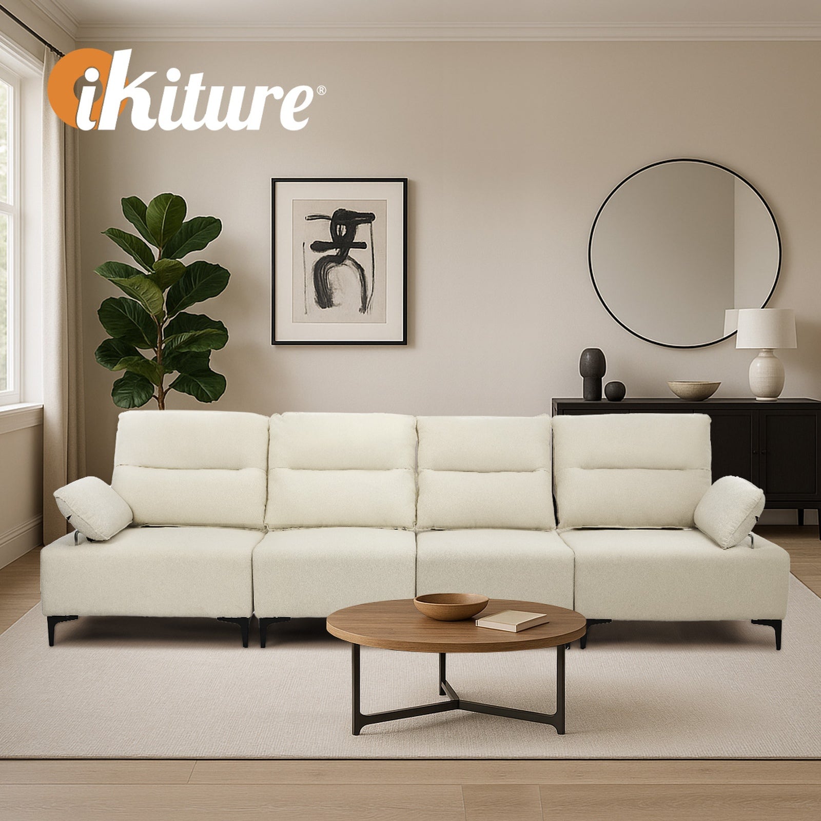 Oikiture 4 Seater Sofa Couch Chenille Adjustable Armrest Chair Lounge Beige - Sunyee