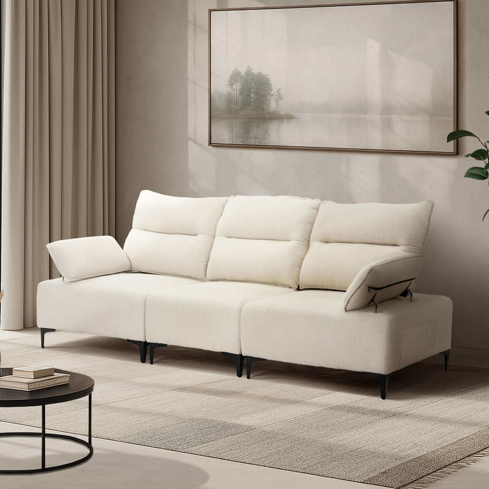 Oikiture 3 Seater Couch Sofa Chenille Adjustable Armrest Lounge Chair Beige - Sunyee