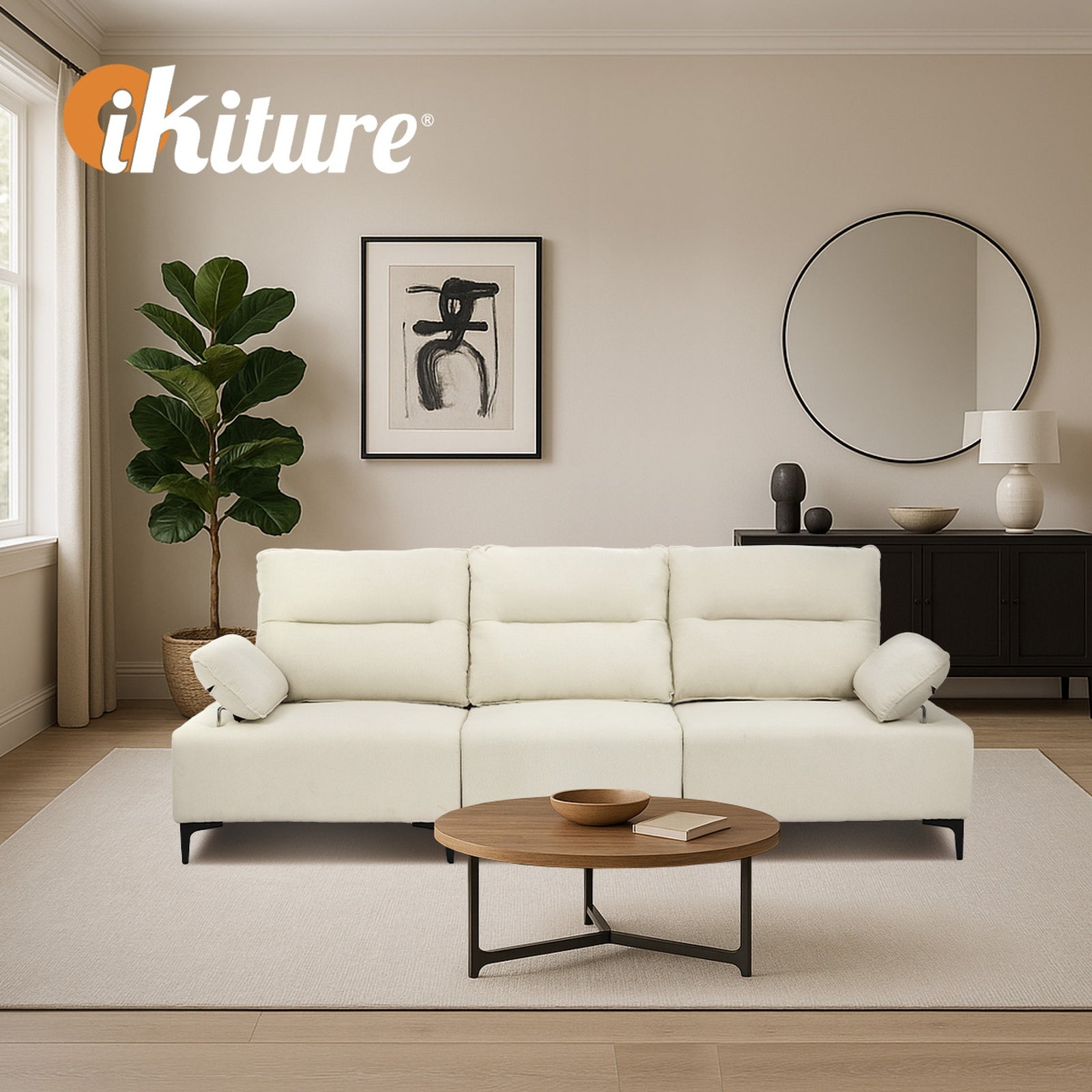 Oikiture 3 Seater Couch Sofa Chenille Adjustable Armrest Lounge Chair Beige - Sunyee