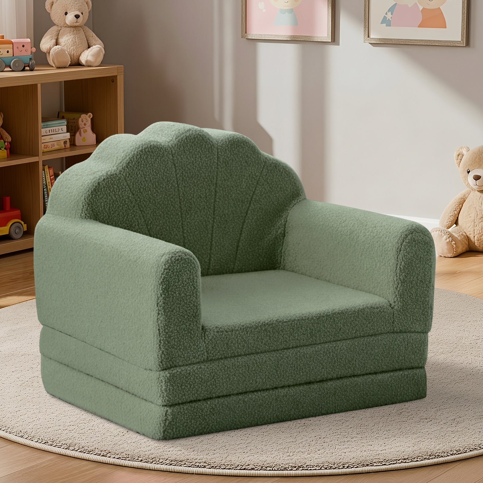 Oikiture 2-in-1 Shell Kids Fold Out Sofa Bed Sherpa Boucle Toddler Couch Green