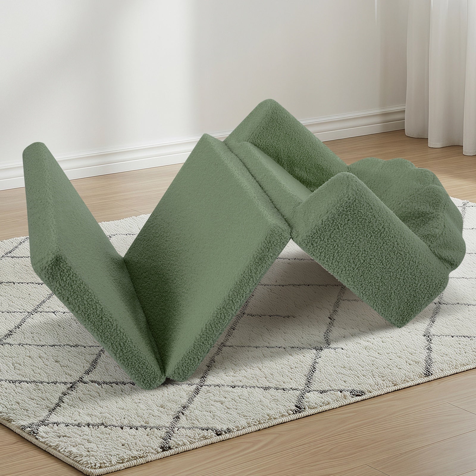 Oikiture 2-in-1 Shell Kids Fold Out Sofa Bed Sherpa Boucle Toddler Couch Green