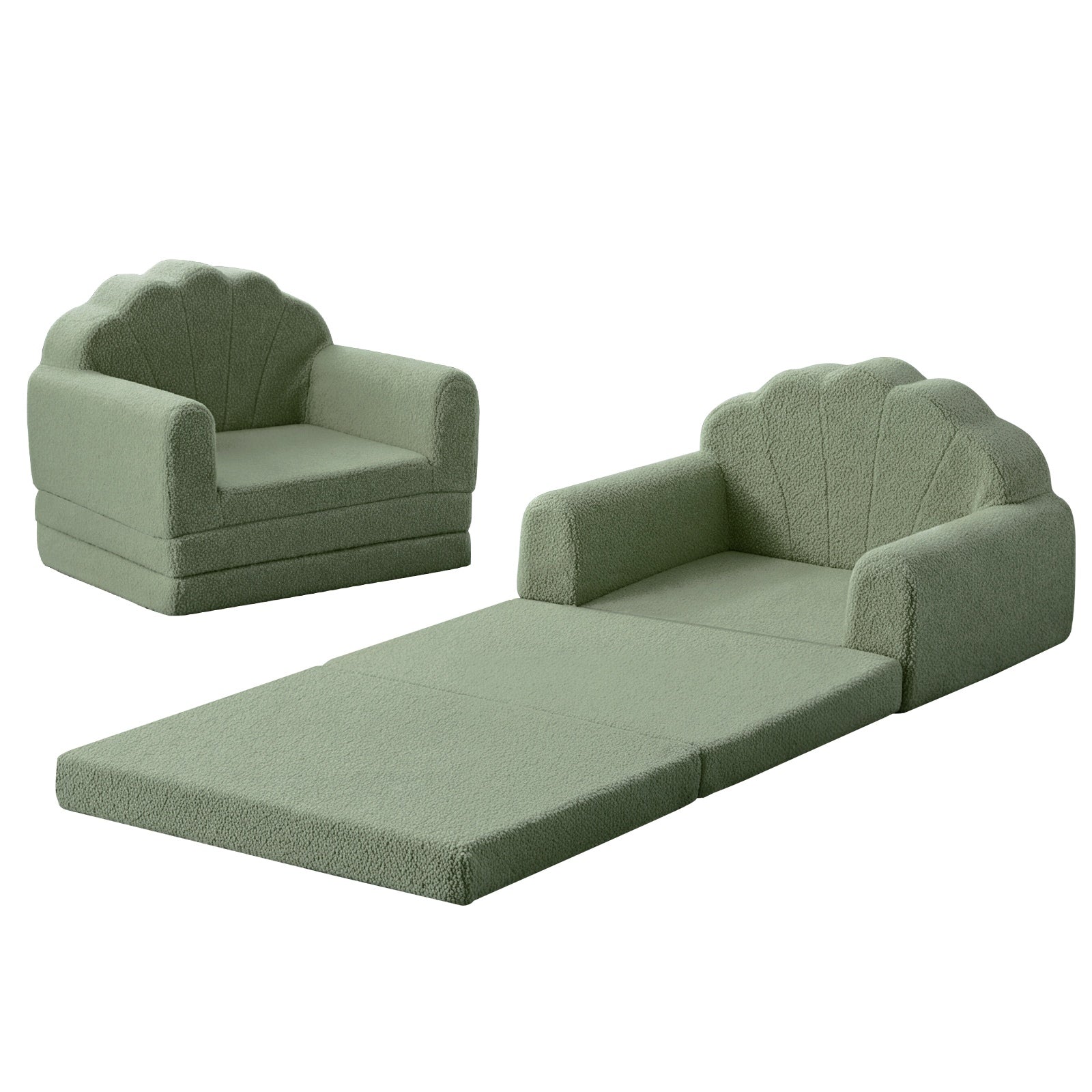 Oikiture 2-in-1 Shell Kids Fold Out Sofa Bed Sherpa Boucle Toddler Couch Green
