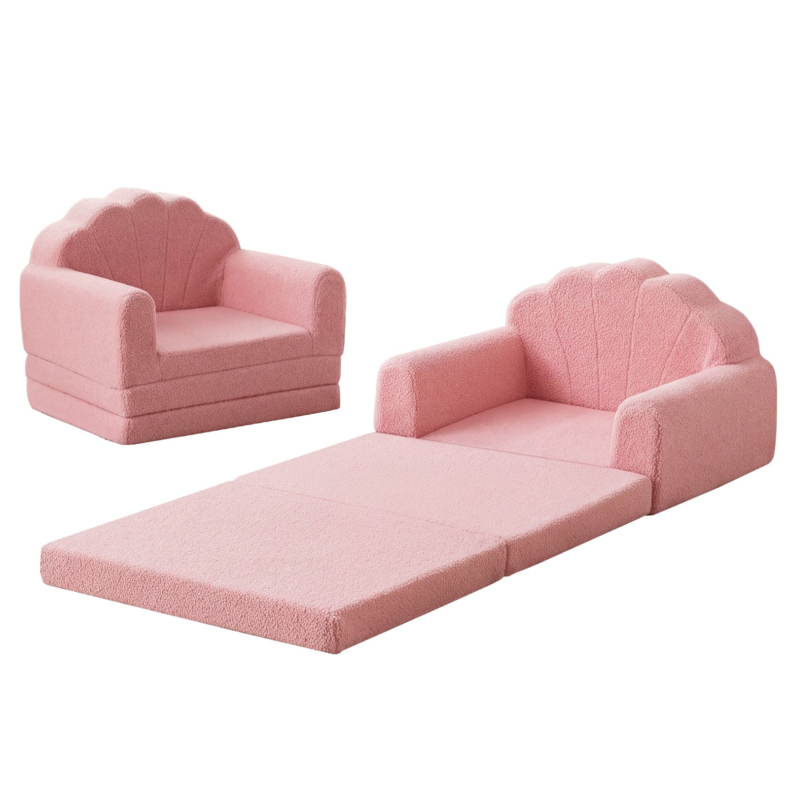 Oikiture 2-in-1 Shell Kids Fold Out Sofa Bed Sherpa Boucle Toddler Couch Pink