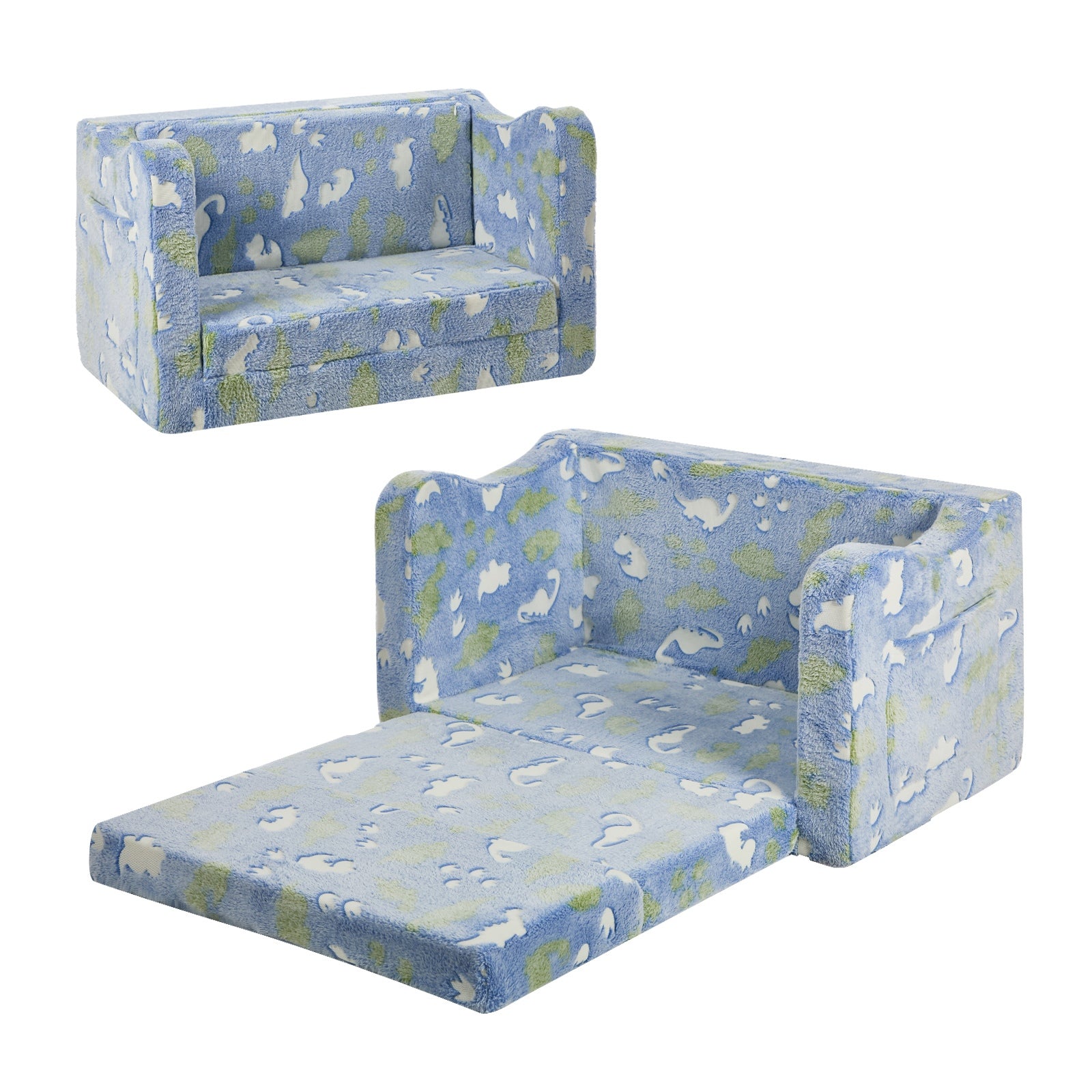 Oikiture 2-in-1 Kids Fold Out Sofa Bed Dinosaur Flannel Toddler Couch Chair Blue