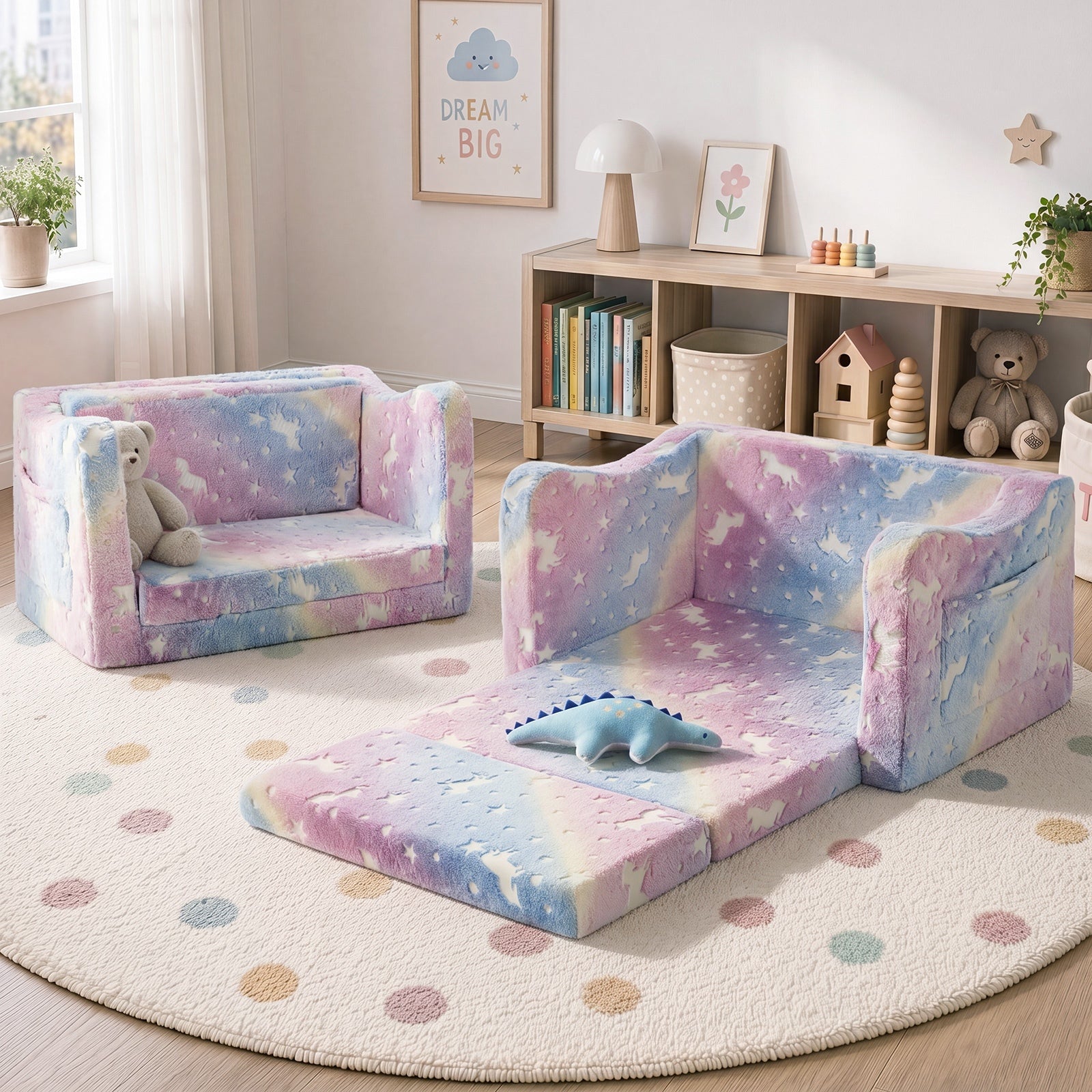 Oikiture 2-in-1 Kids Fold Out Sofa Bed Dinosaur Flannel Toddler Couch Chair Pink