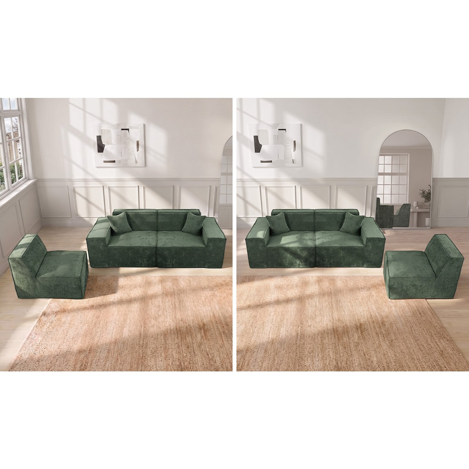 Oikiture 300 cm Modular Sofa Compressed Convertible Couch Lounge Chenille Green