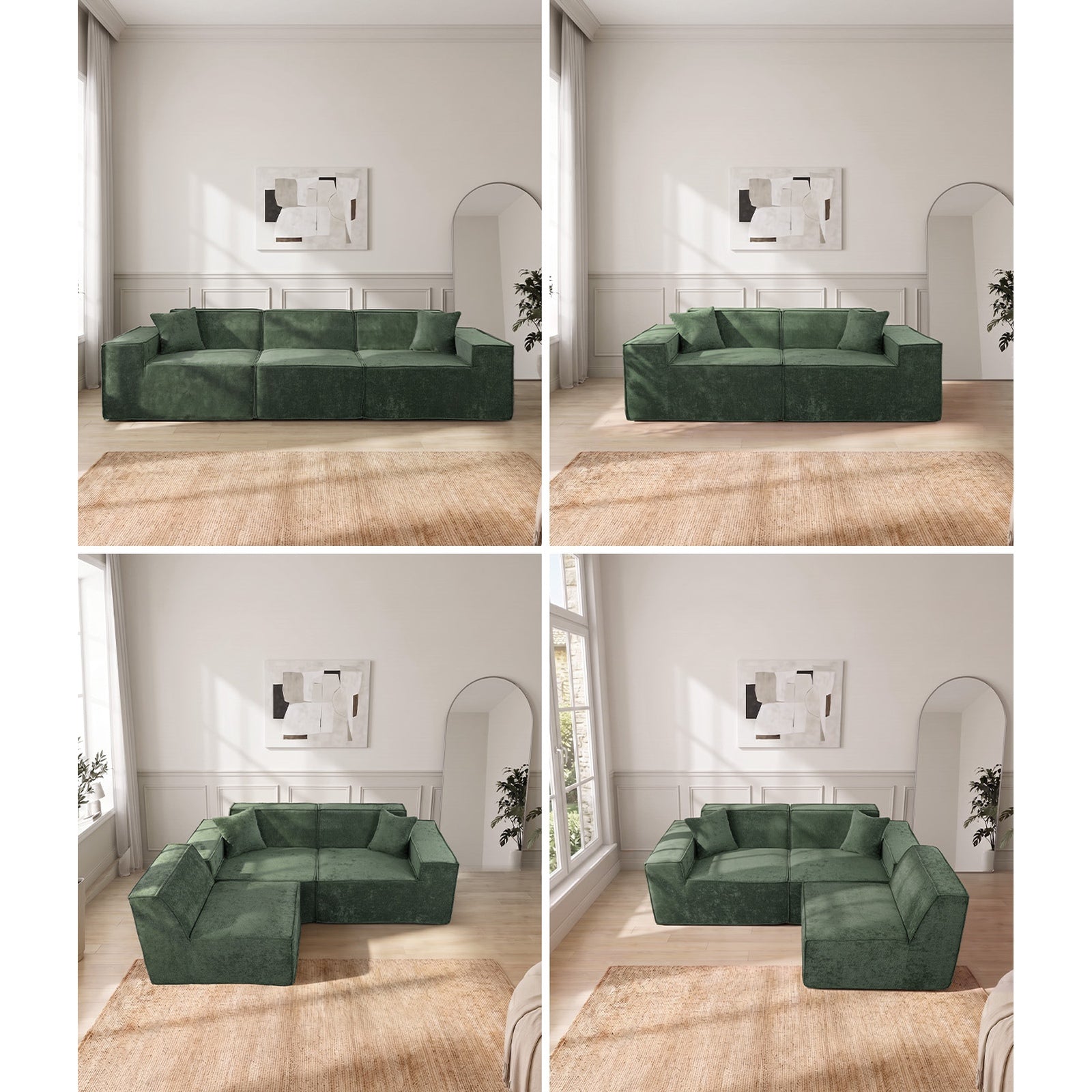 Oikiture 300 cm Modular Sofa Compressed Convertible Couch Lounge Chenille Green