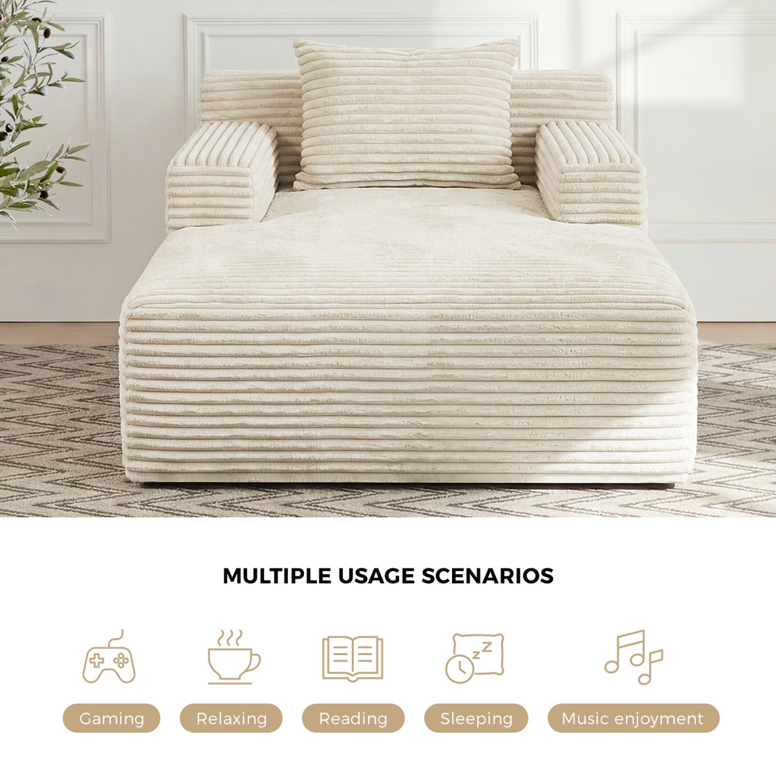 Oikiture Compressed Chaise Chair Corduroy Single Sofa Couch Comfy Lounger Beige