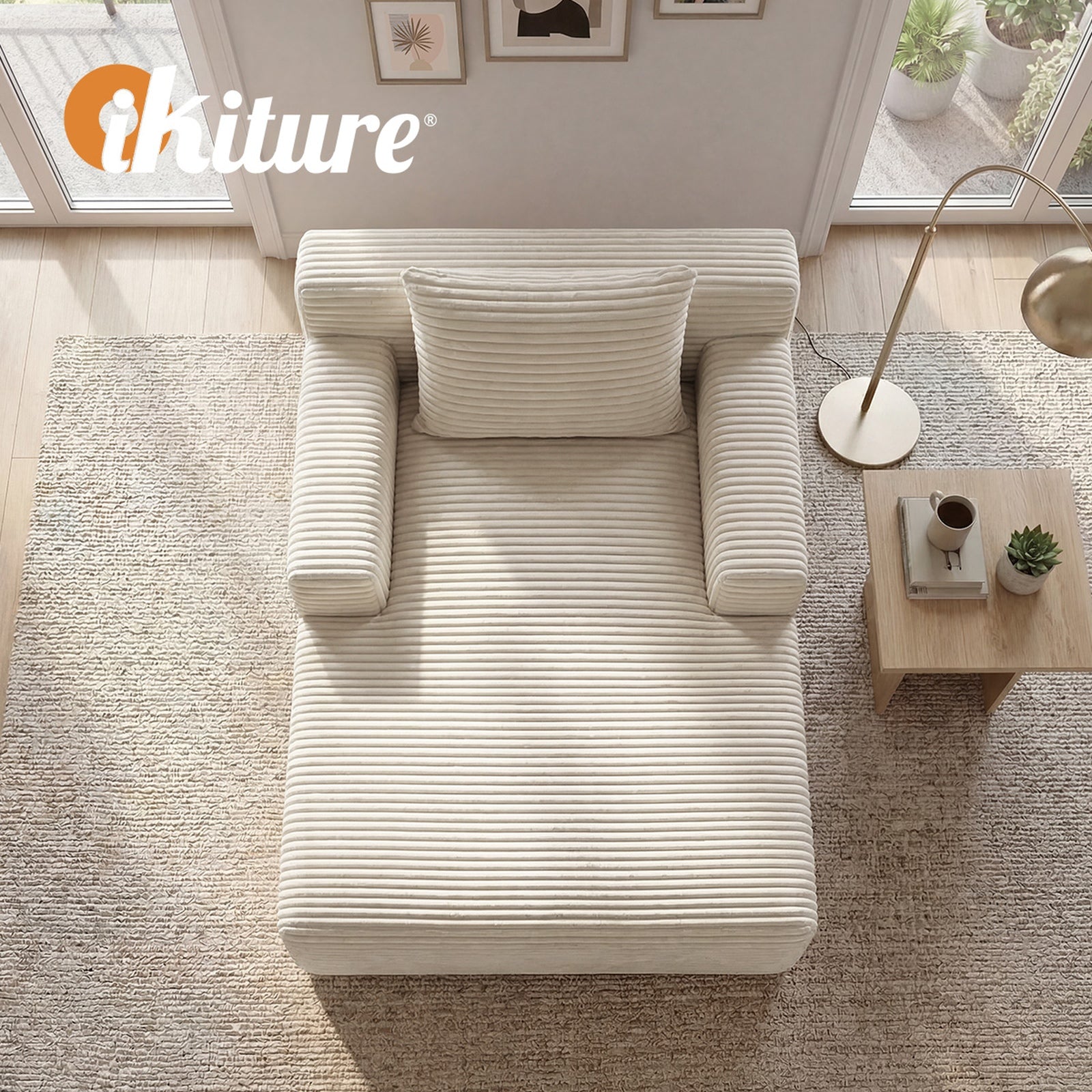 Oikiture Compressed Chaise Chair Corduroy Single Sofa Couch Comfy Lounger Beige