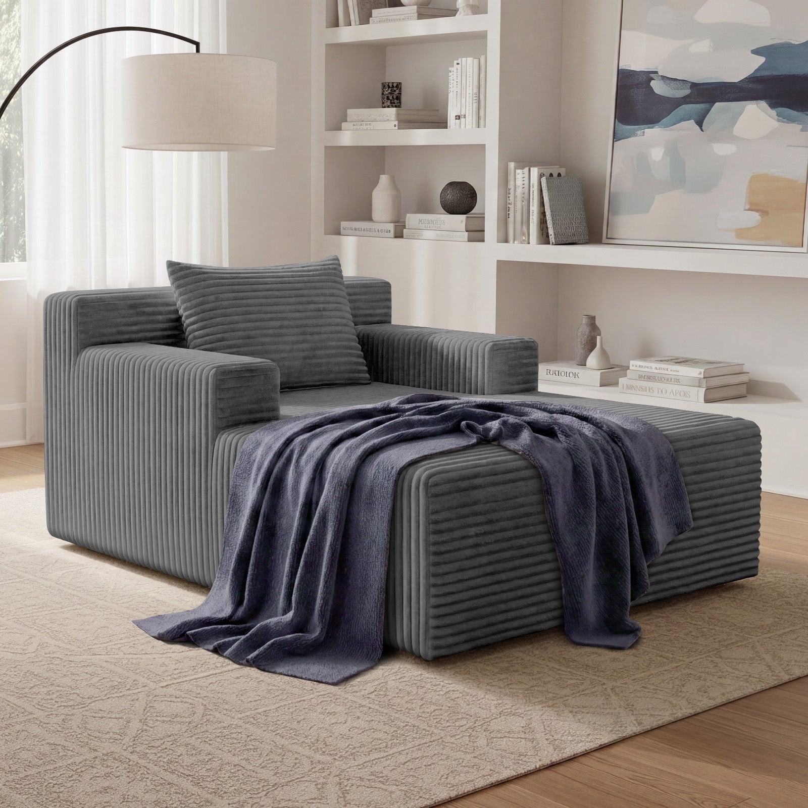 Oikiture Compressed Chaise Chair Corduroy Single Sofa Couch Comfy Lounger Grey