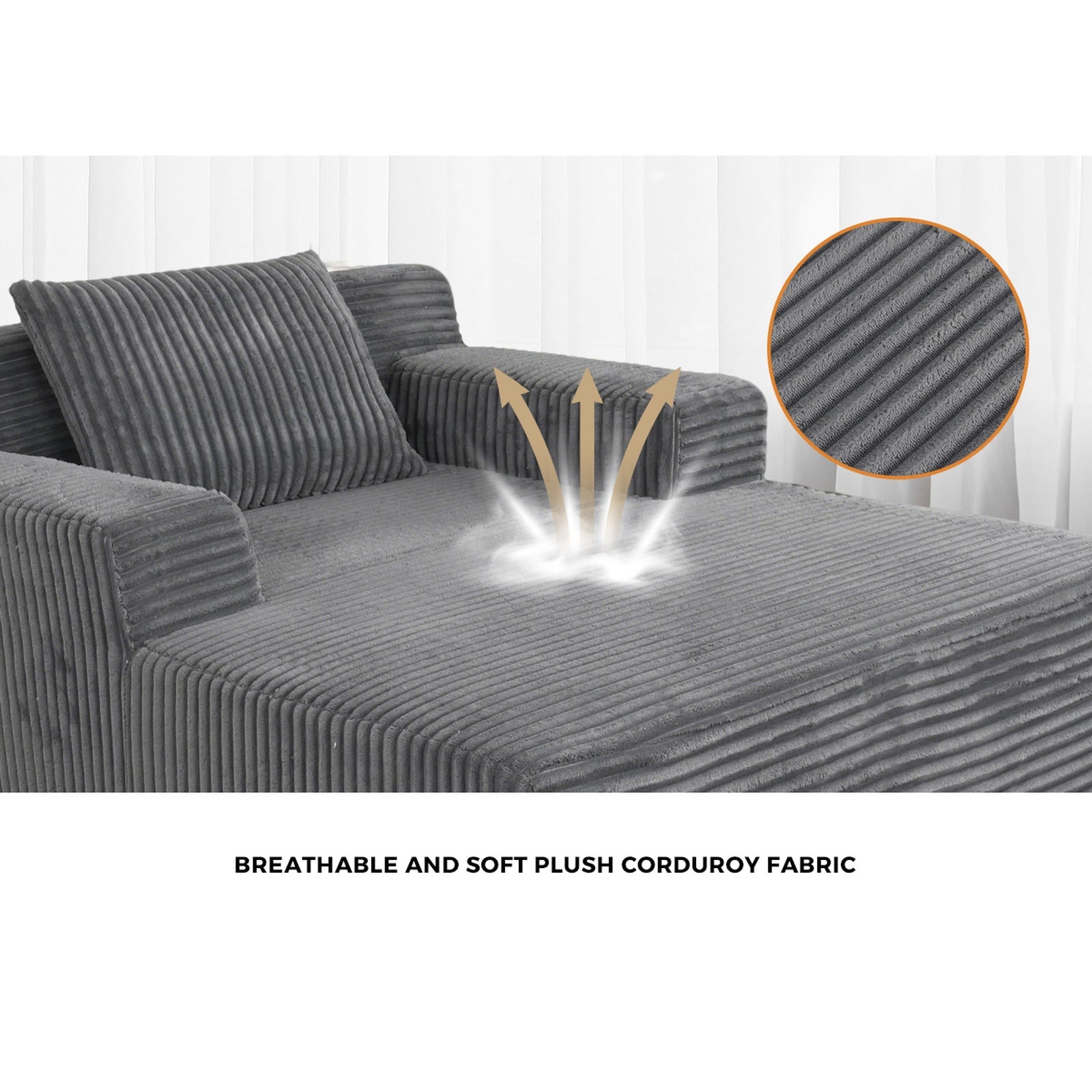 Oikiture Compressed Chaise Chair Corduroy Single Sofa Couch Comfy Lounger Grey