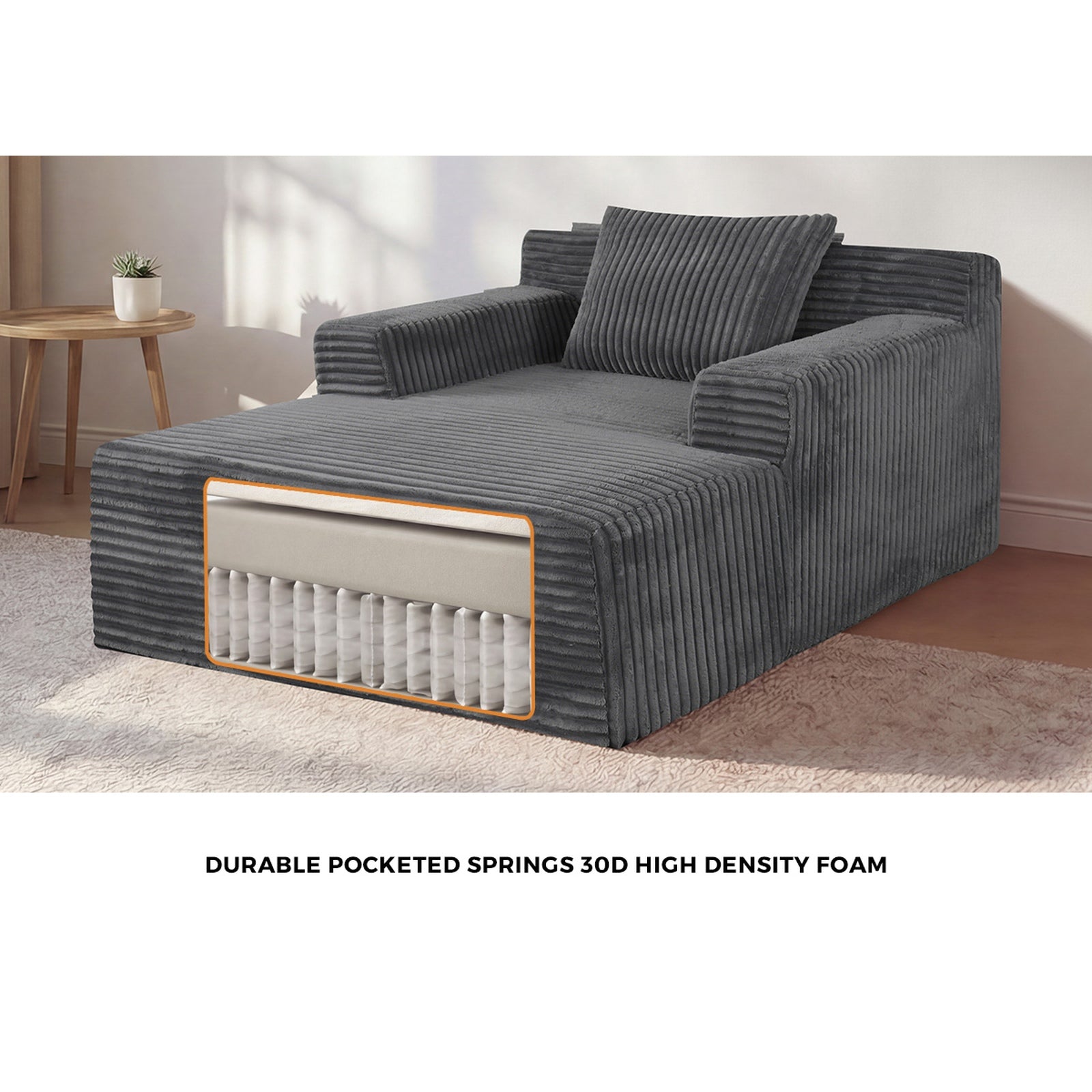 Oikiture Compressed Chaise Chair Corduroy Single Sofa Couch Comfy Lounger Grey