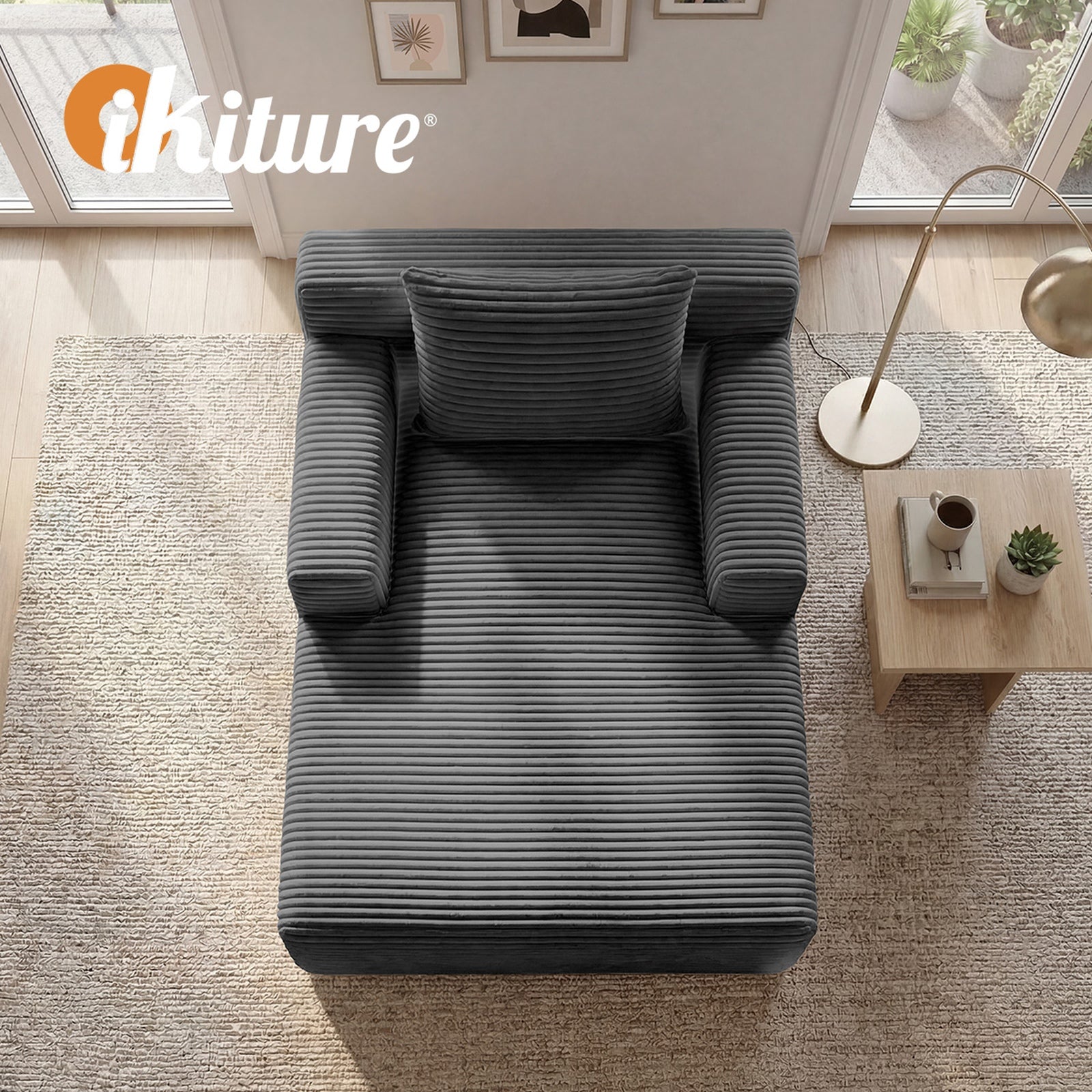 Oikiture Compressed Chaise Chair Corduroy Single Sofa Couch Comfy Lounger Grey