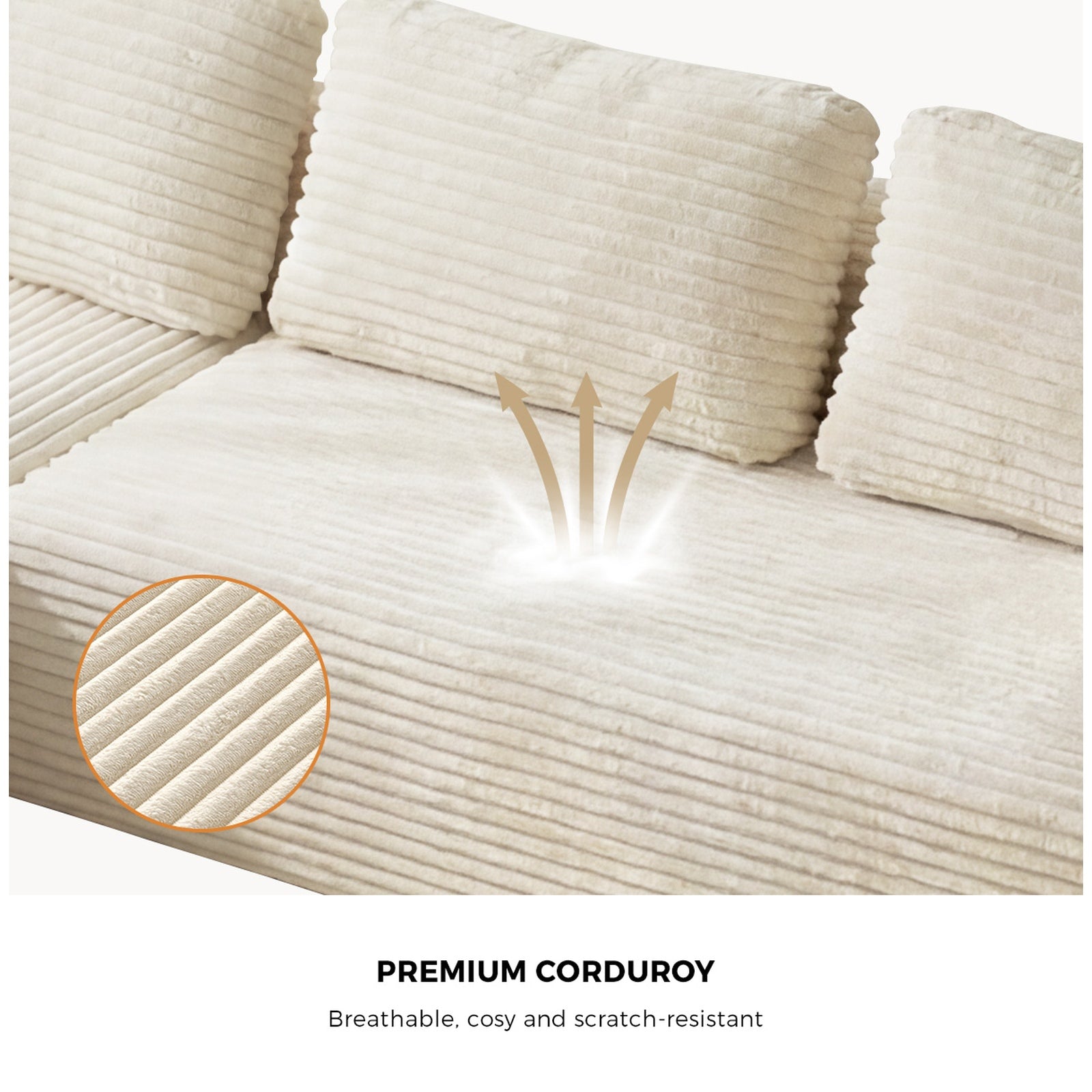 Oikiture L Shape Compressed Sofa Cloud Couch Chaise Lounge Corduroy Beige