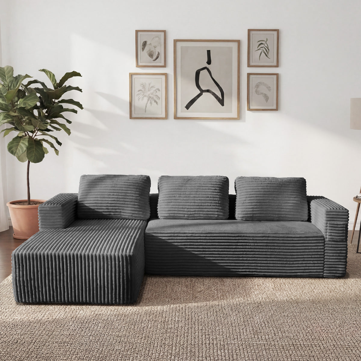 Oikiture Modular L Shape Compressed Sofa Cloud Couch Chaise Lounge Corduroy Grey