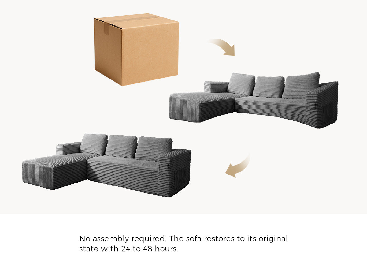 Oikiture Modular L Shape Compressed Sofa Cloud Couch Chaise Lounge Corduroy Grey