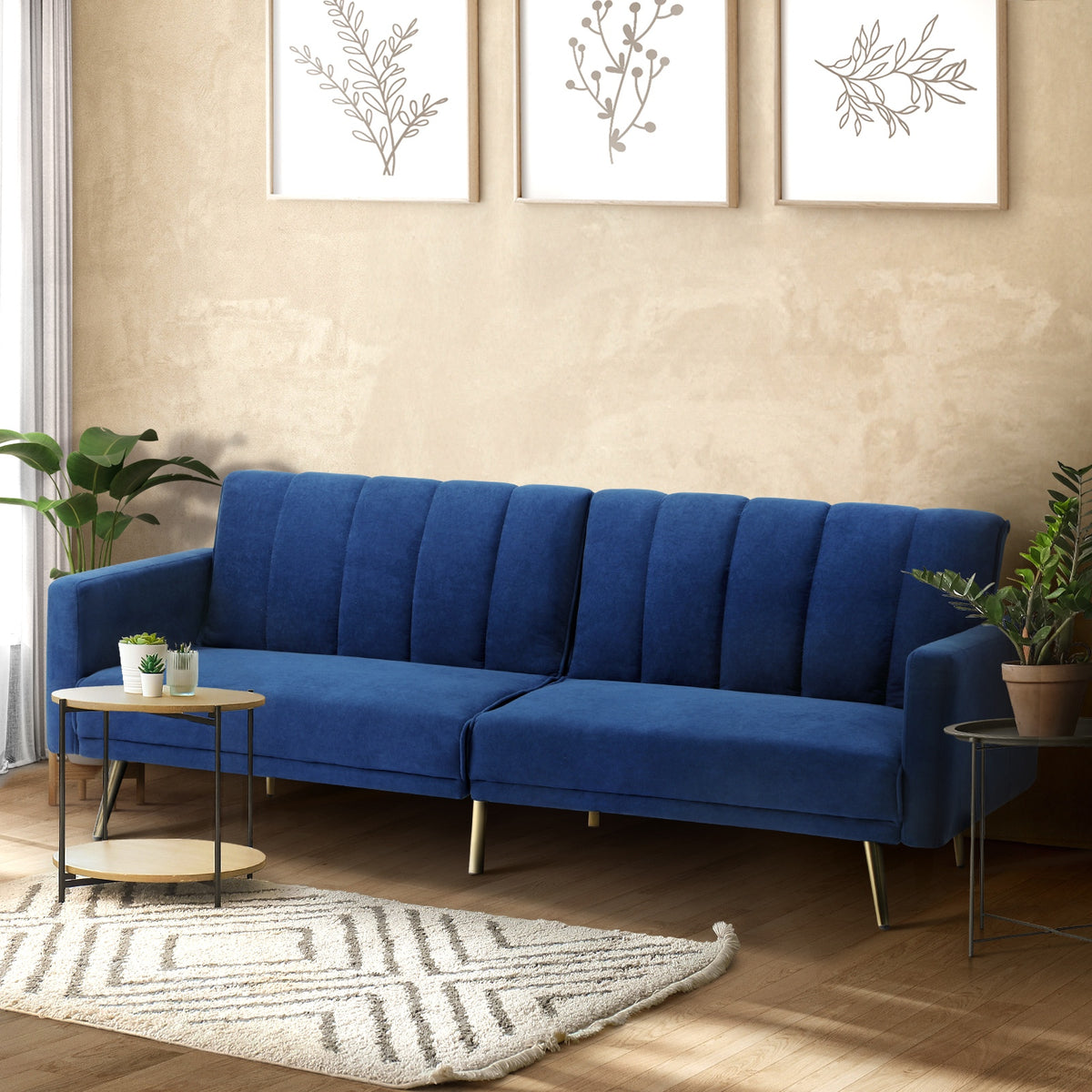 Oikiture Sofa Bed 3-Seater Recliner Convertible Lounge Couch Sofabed Velvet Blue - Sunyee