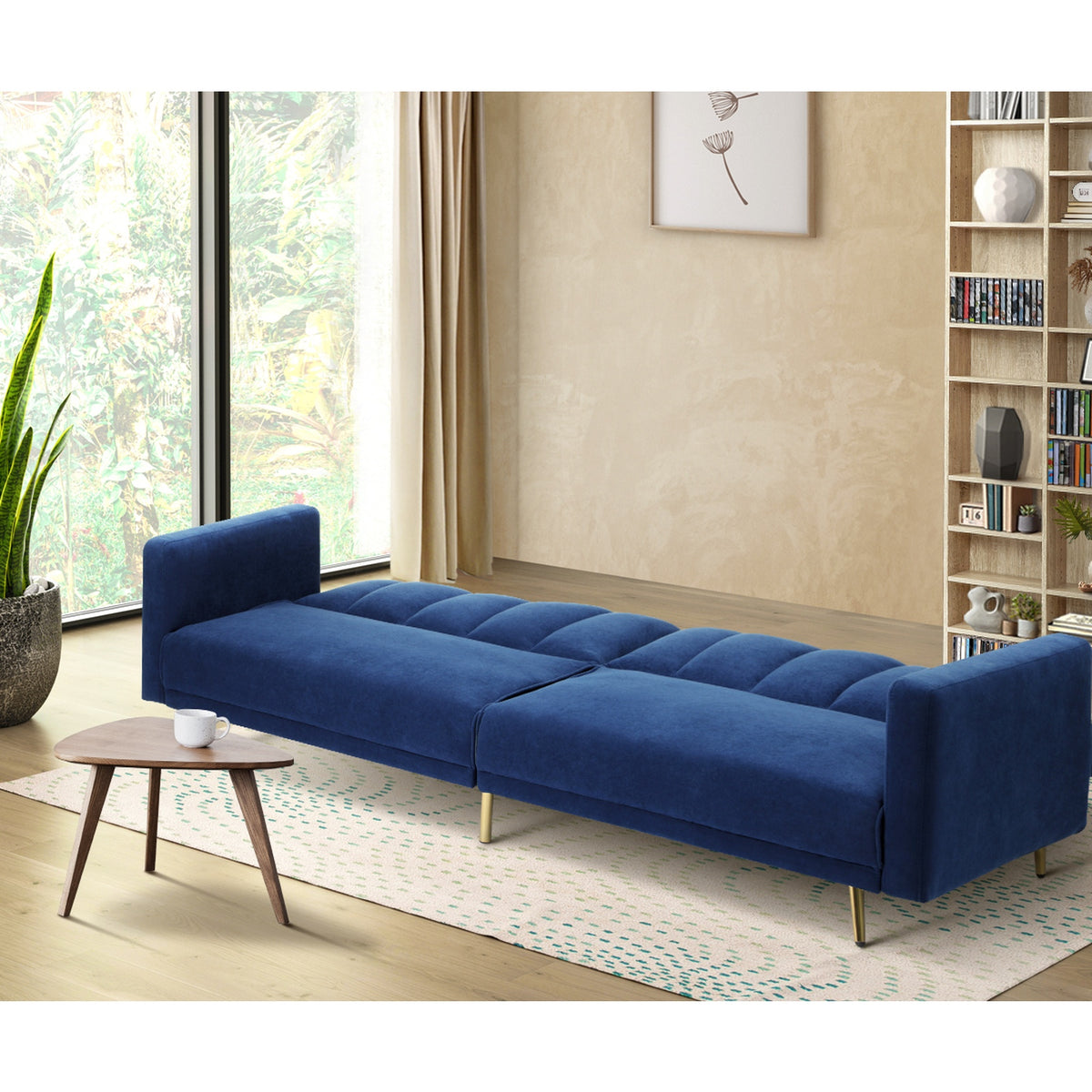 Oikiture Sofa Bed 3-Seater Recliner Convertible Lounge Couch Sofabed Velvet Blue - Sunyee