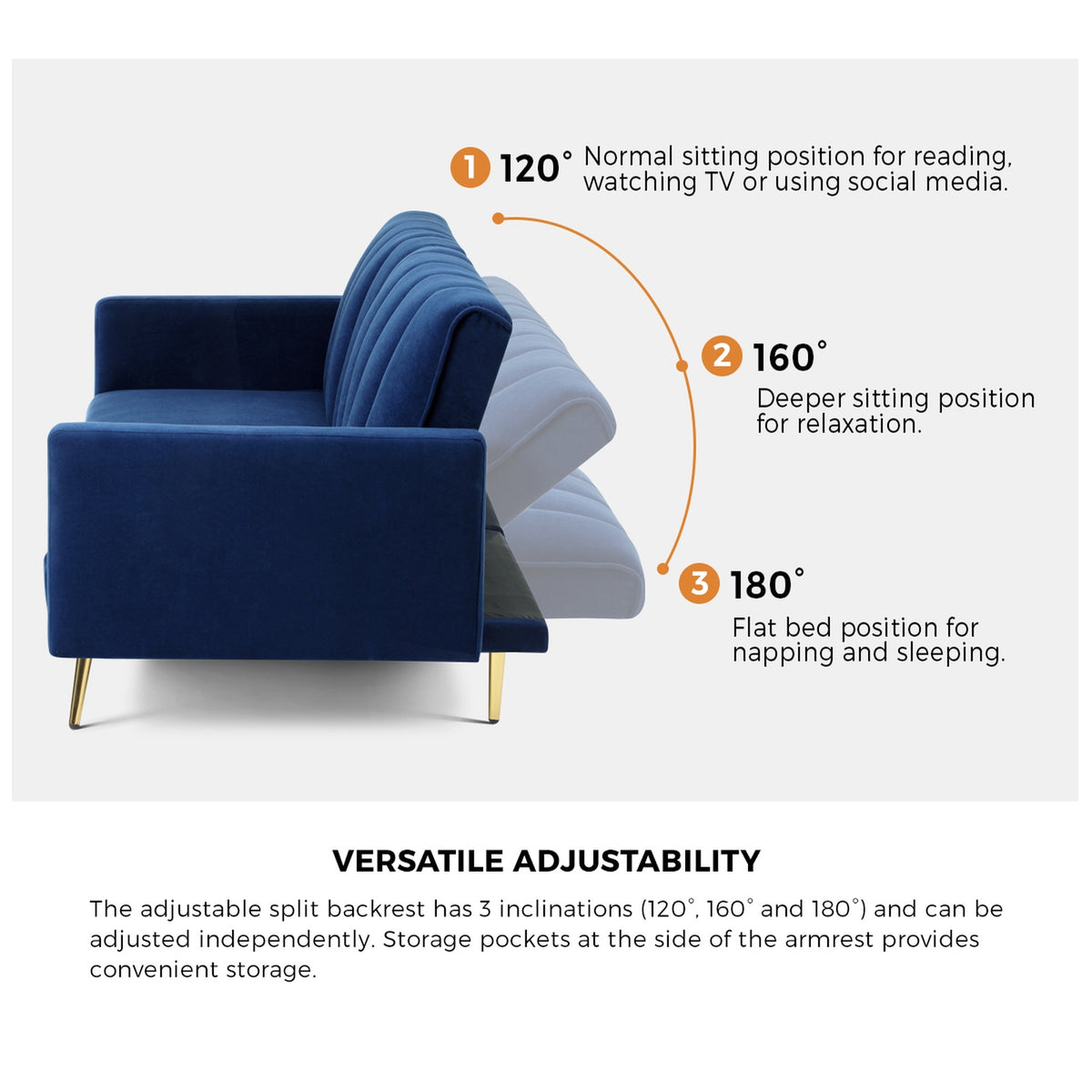 Oikiture Sofa Bed 3-Seater Recliner Convertible Lounge Couch Sofabed Velvet Blue - Sunyee
