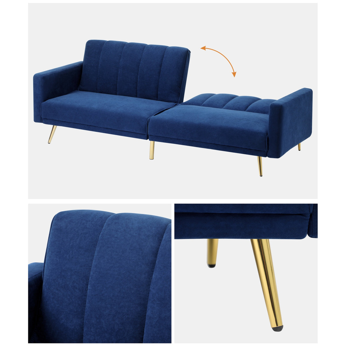 Oikiture Sofa Bed 3-Seater Recliner Convertible Lounge Couch Sofabed Velvet Blue - Sunyee